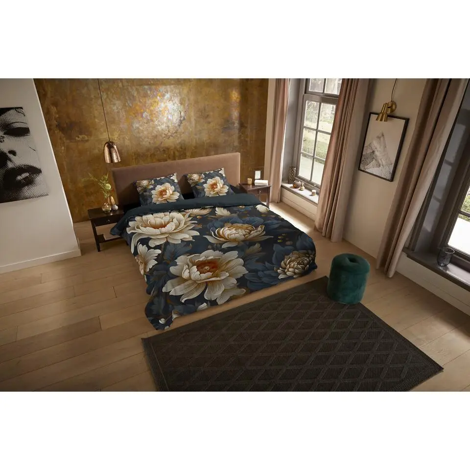 Pure dekbedovertrek bloemen - 1 persoons 140x200/220 cm - Antraciet - Microvezel