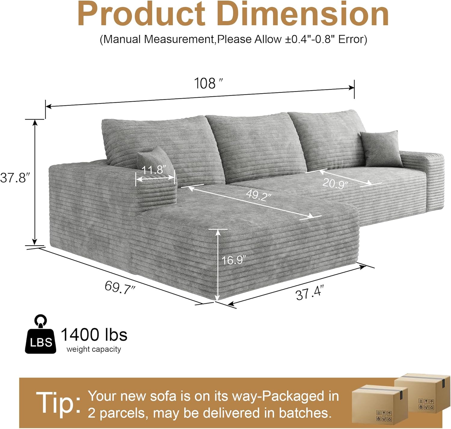 108 Sectional Couches for Living Room Cloud Couch Sofa with L-Shape Upholstered Boneless Couchs Modern Modular Sectional Couch with Chaise (Grey, 108 Left Facing Chaise+2Seaters)