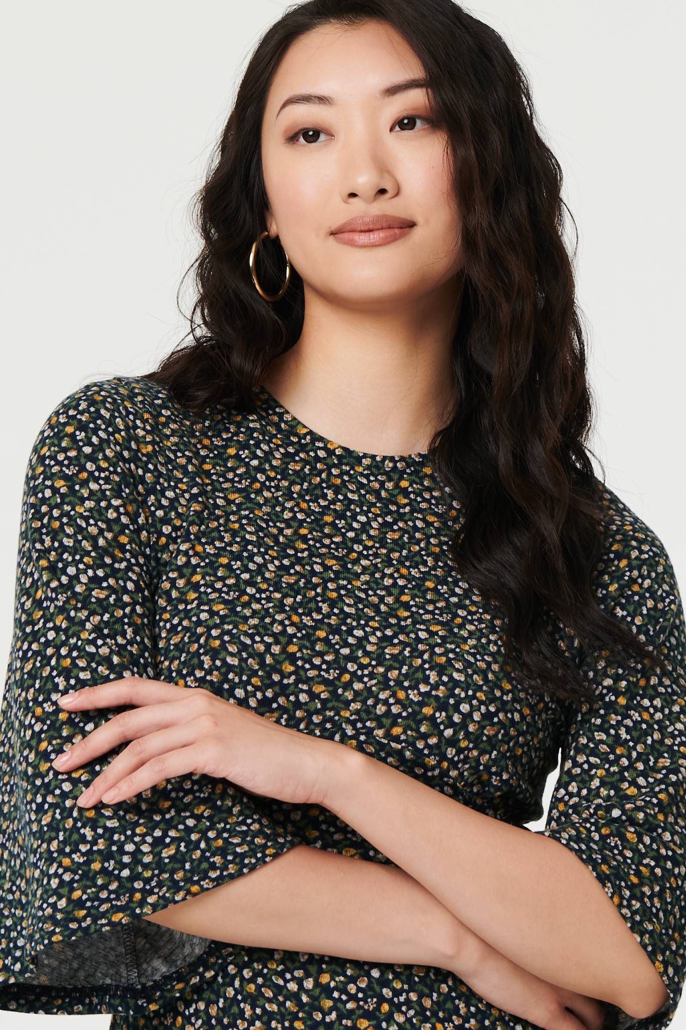 Izabel London Ditsy Floral Angel Sleeve Midi Dress