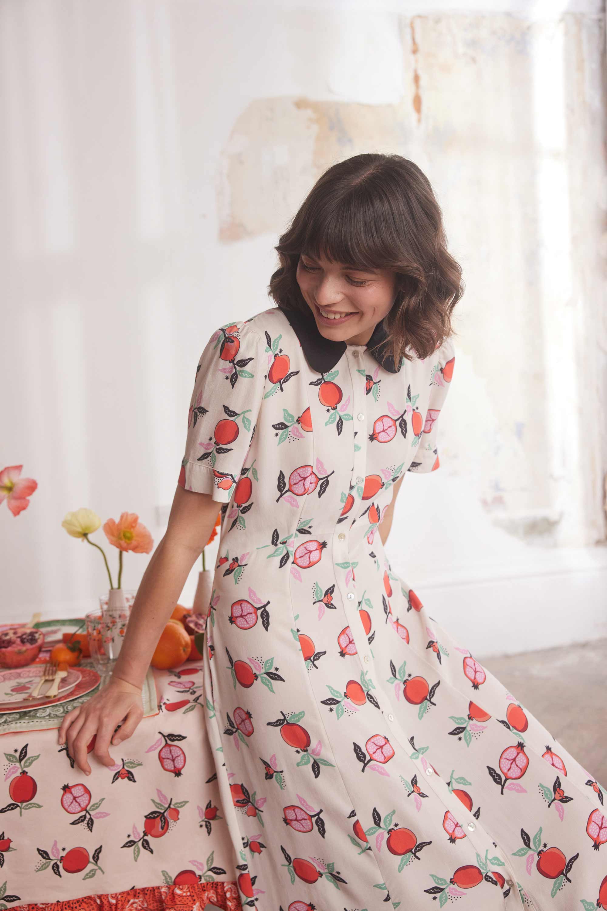 Pomegranate Short Sleeve Printed Midi Shirt Dress