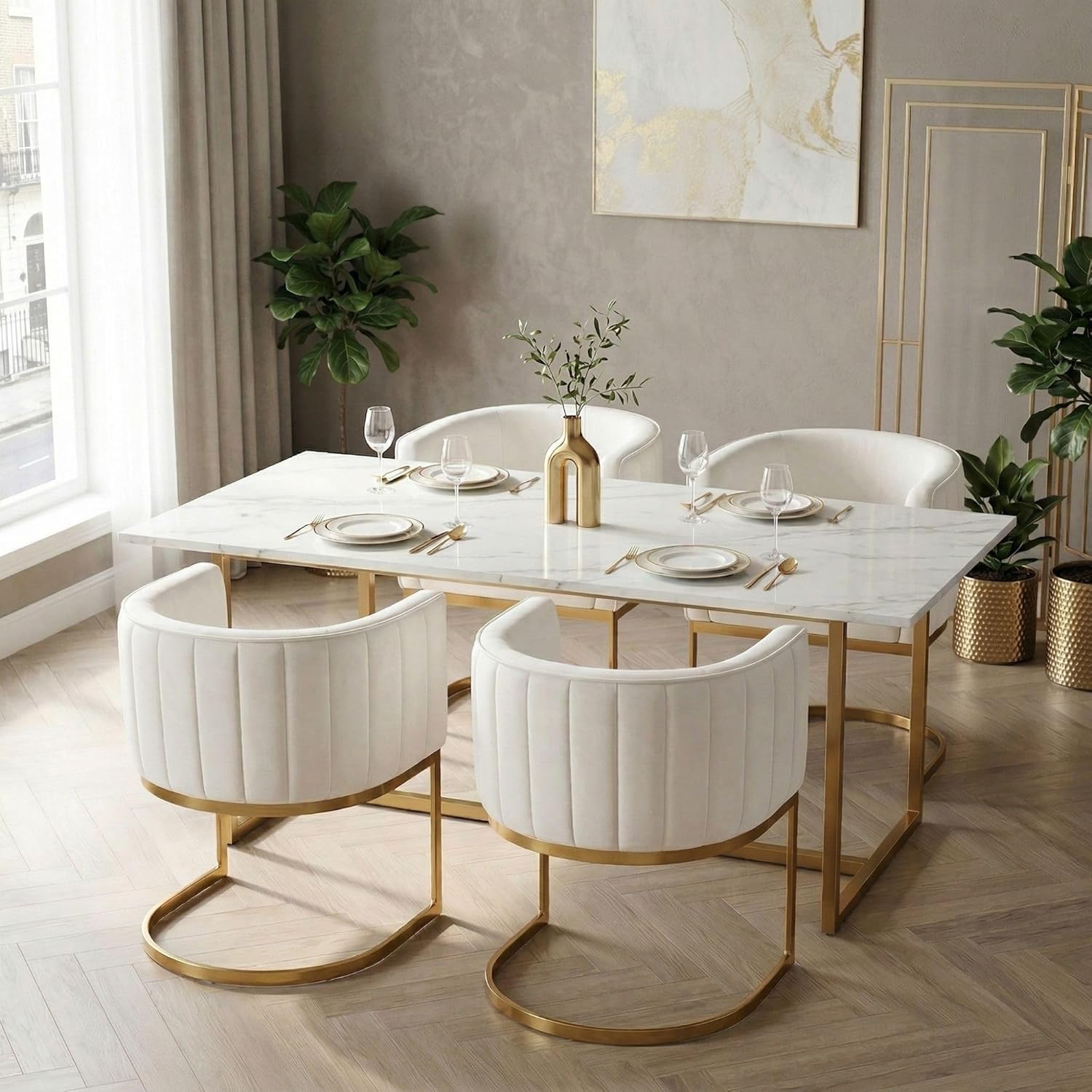 Hyfirm Beige and Gold Barrel Dining Room Chairs Set of 4, Modern Velvet Upholstered Accent Chairs with Curved Back for Kitchen Island, Luxury Comfort Seating Cantilever Metal Frame