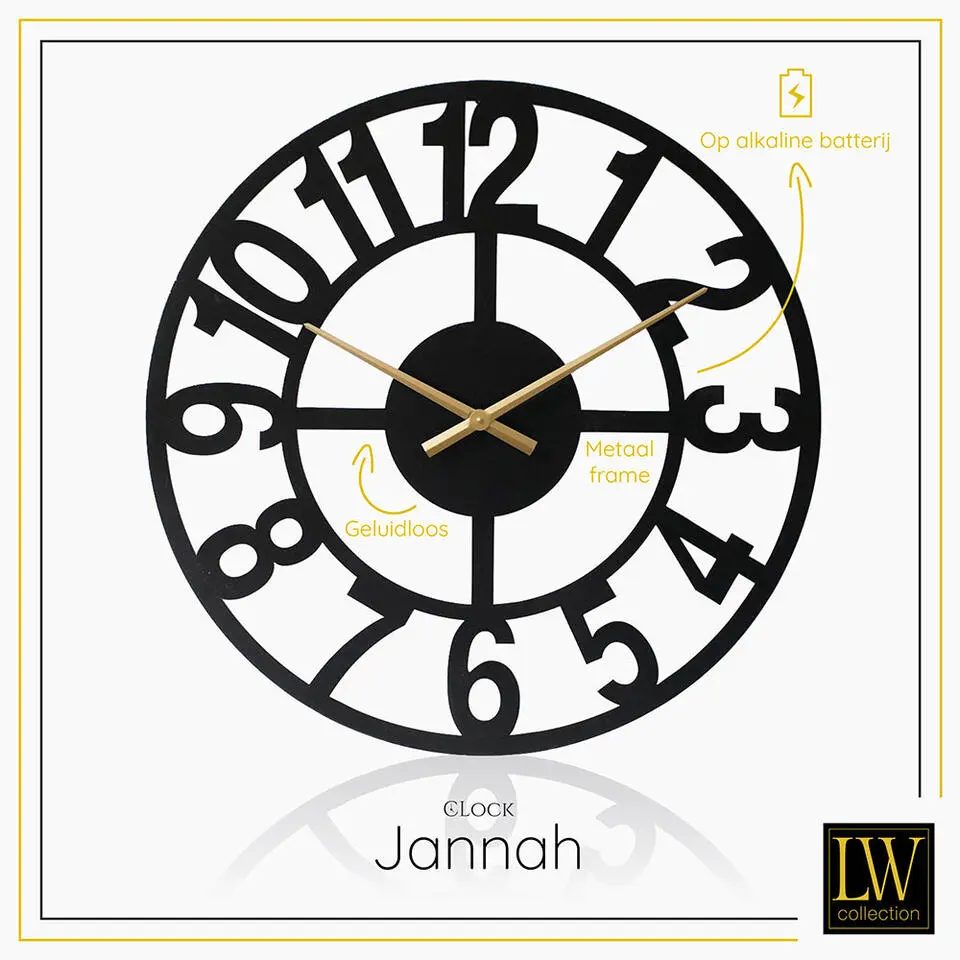 LW Collection Wandklok XL Jannah zwart met gouden wijzers 80cm