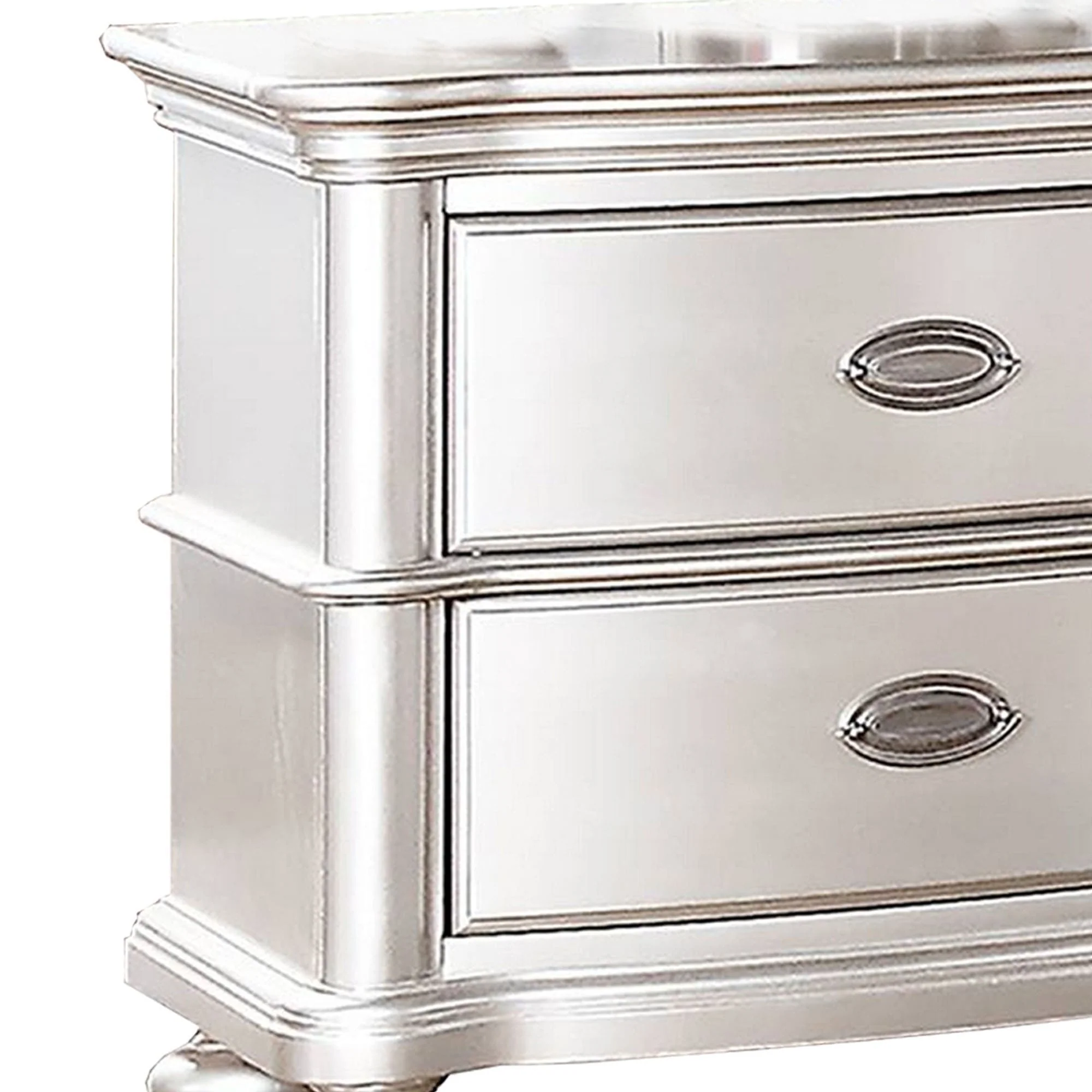28 Inches 2 Drawer Wooden Nightstand with Turned Legs, Silver