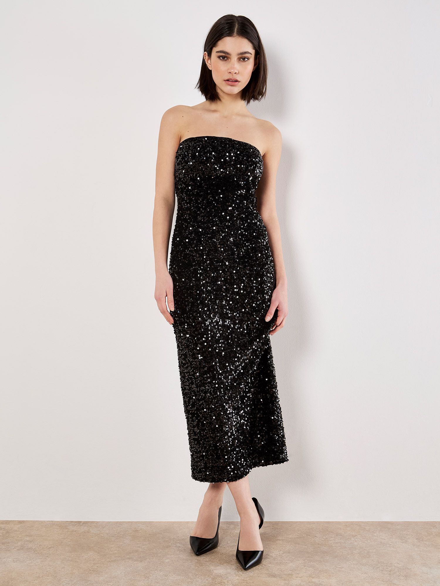 Apricot Sequin Bandeau Velvet Bodycon Midi Dress