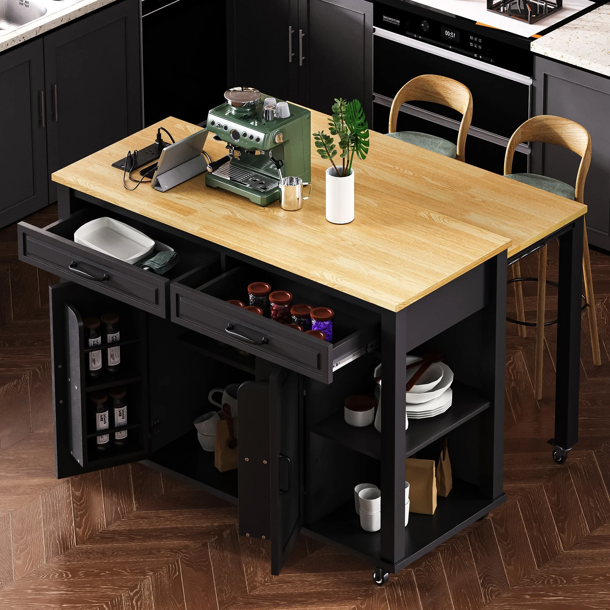 Kitchen Island with 2 Drawers and 2 Cabinet, Extendable Storage Table with Internal Storage Rack, Power Outlet for Living Room