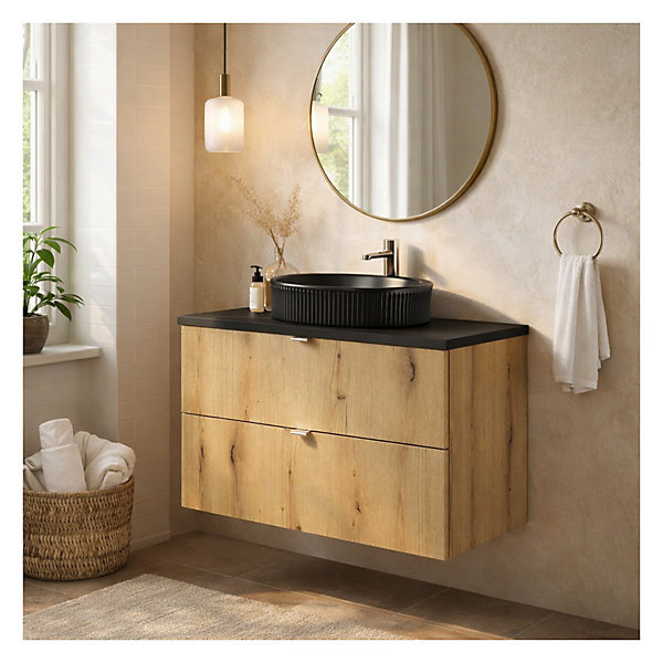 Ensemble de salle de bain suspendu VANO aspect chene et noir 80cm : meubles sous vasque à tiroirs et plan pour vasque