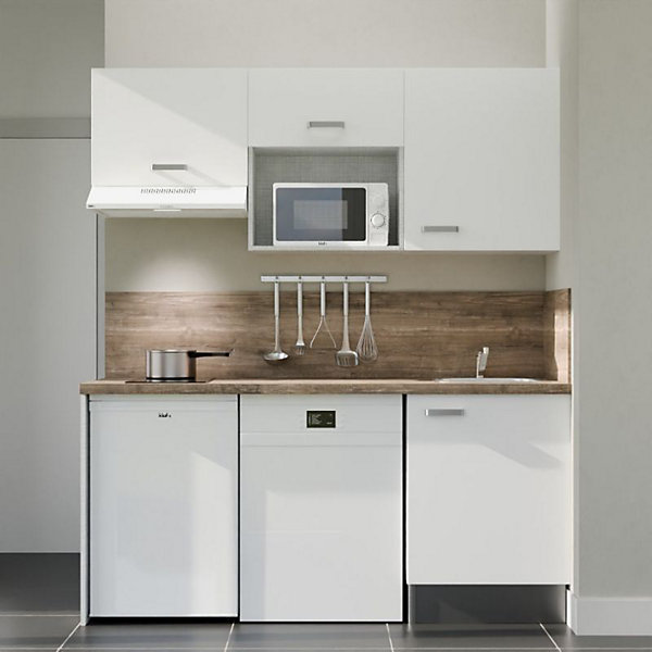 Kitchenette K55 - 180 cm - Façades : Blanc - Plan de travail : Bois - Crédences : Oui - Evier