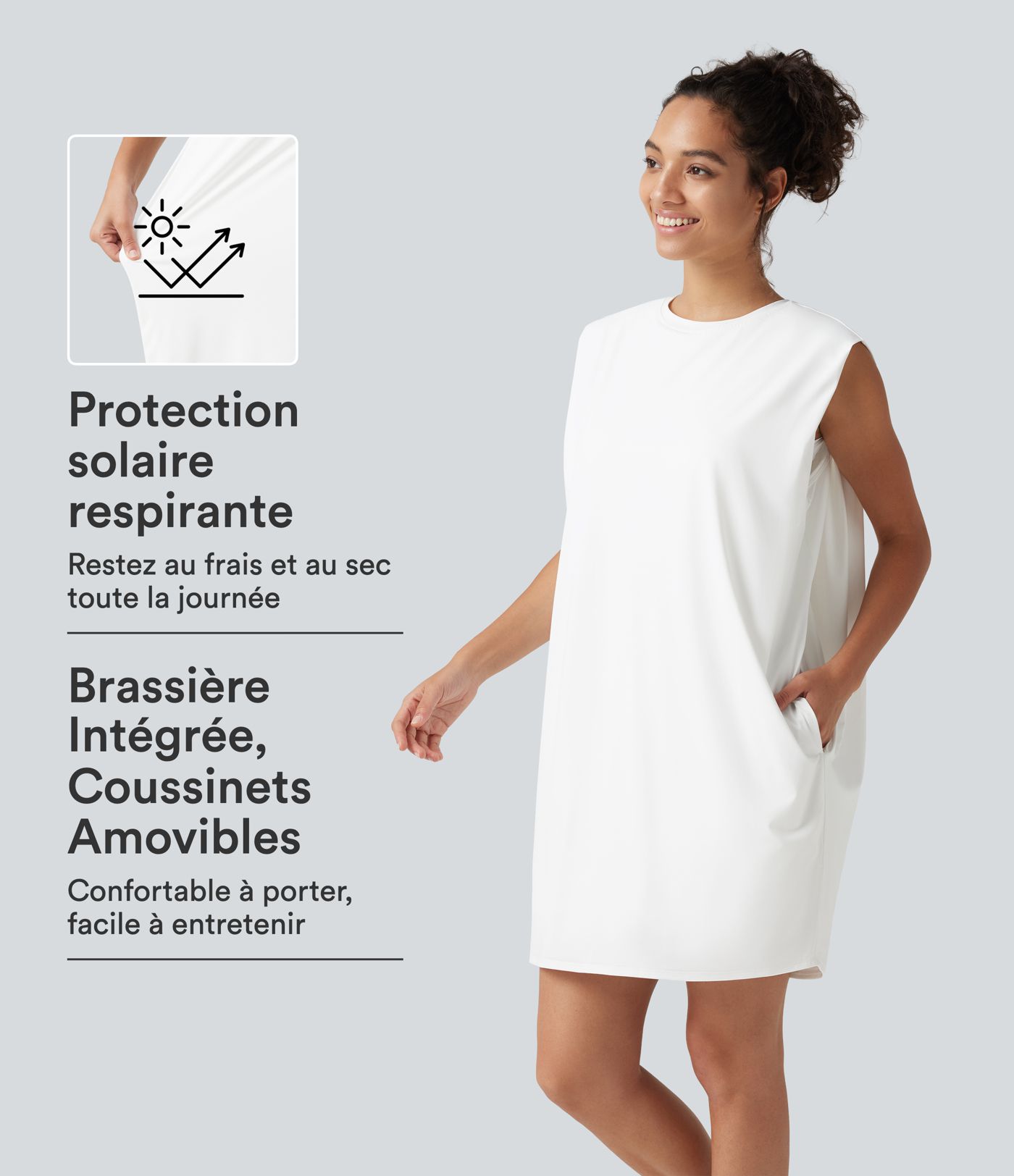 Robe active mini de yoga à col rond avec coussinets amovibles, poches et protection solaire UPF 50