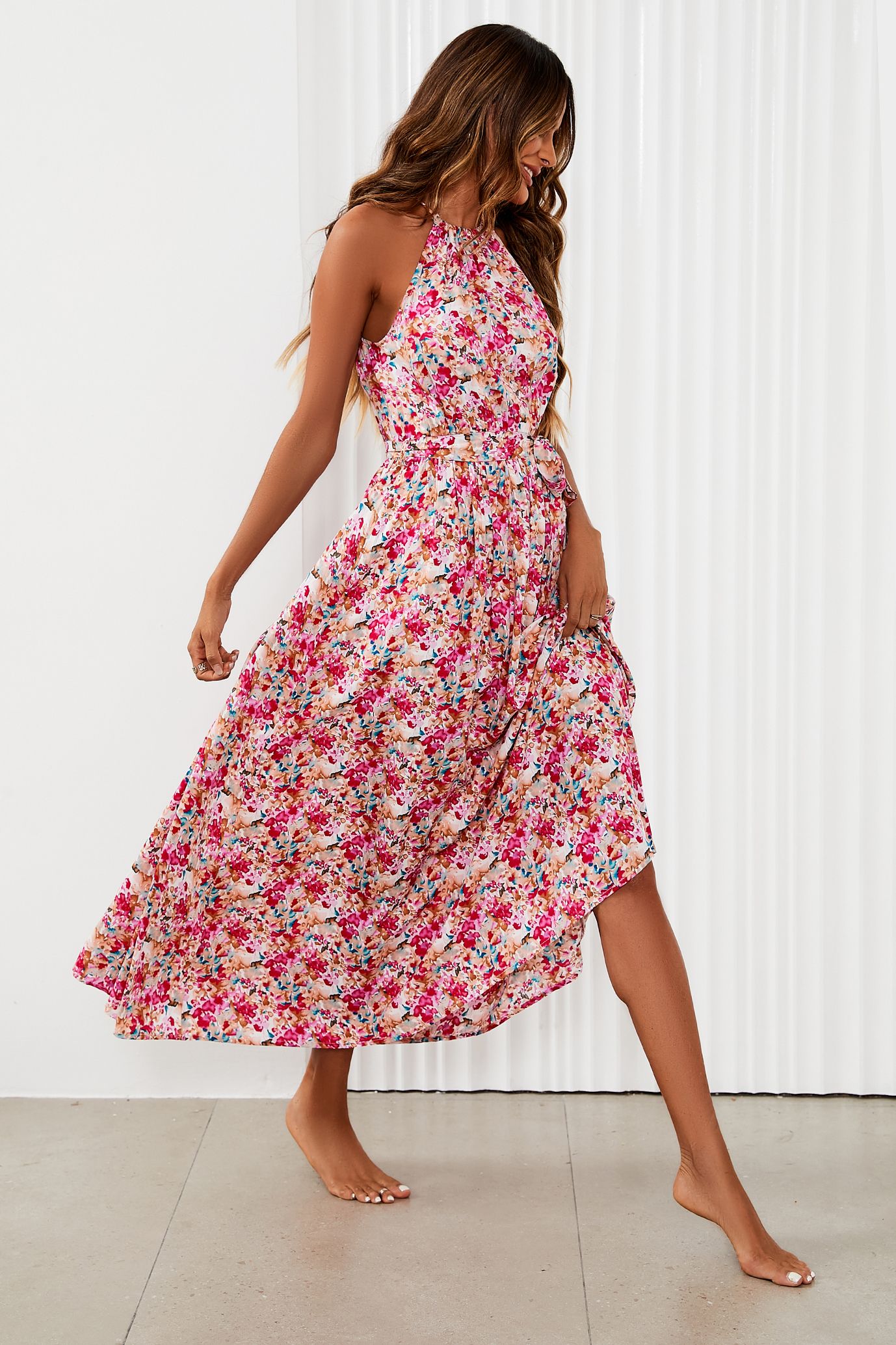 FS Collection Floral Tie Halterneck Maxi Dress In Pink