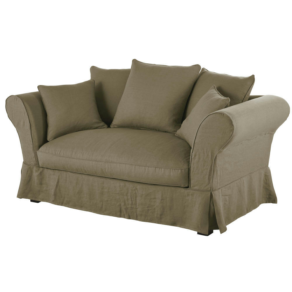 Roma - Housse de canapé 2 places en lin froissé vert kaki