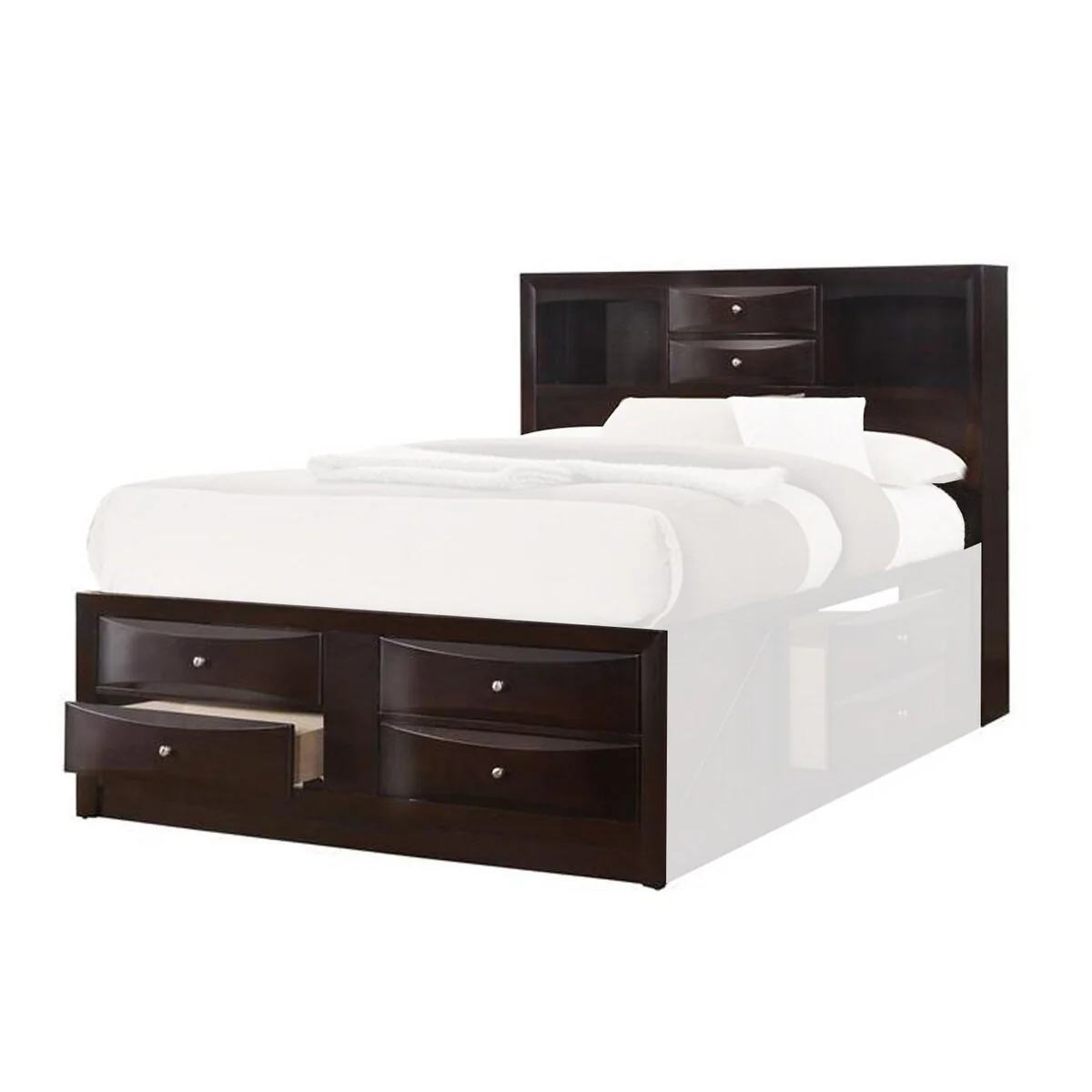 Queen Headboard and Footboard with 6 Beveled Front Drawers, Cherry Brown