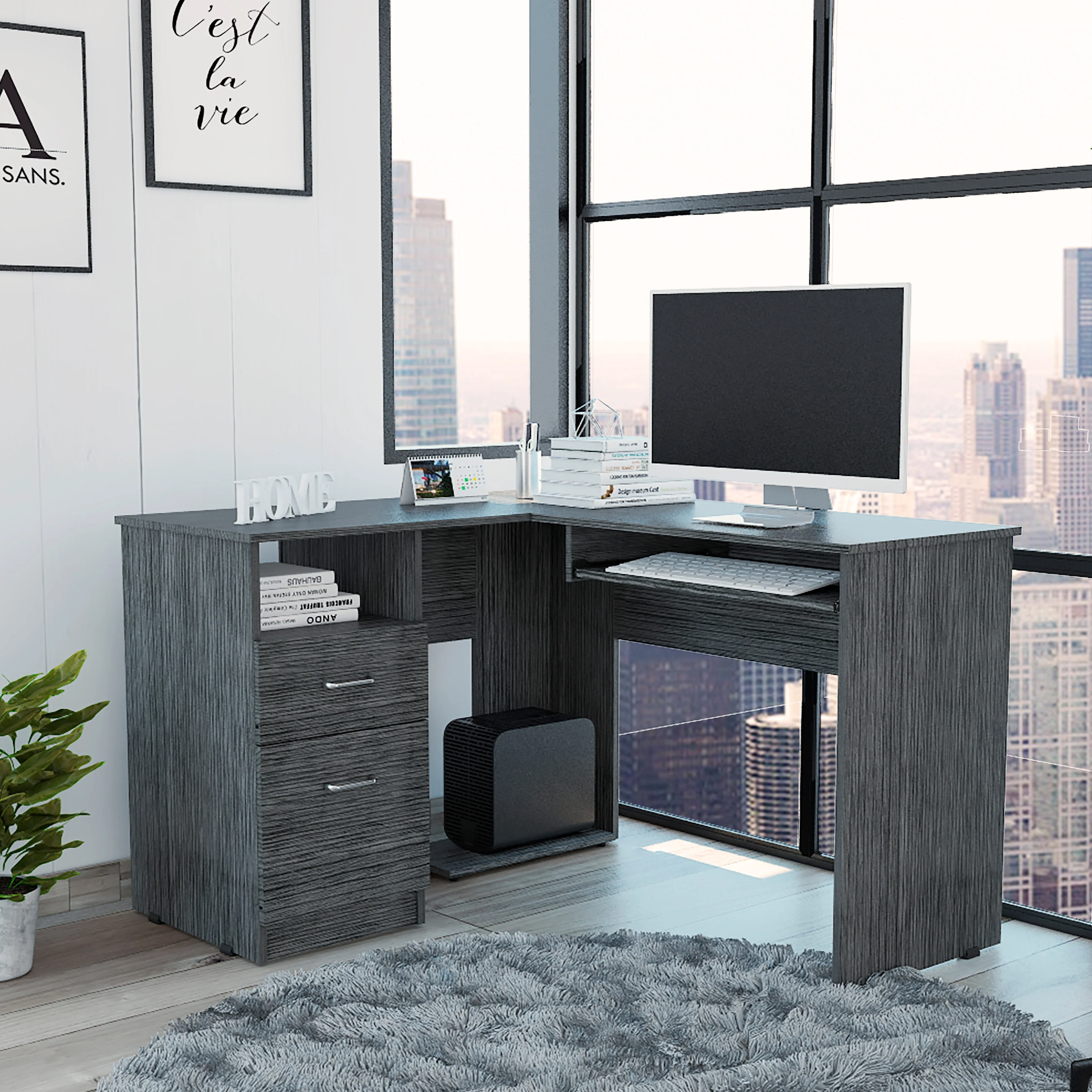 TUHOME Mix L-Shaped Desk with Open Shelving, 2 Drawers, and a Retractable Keyboard