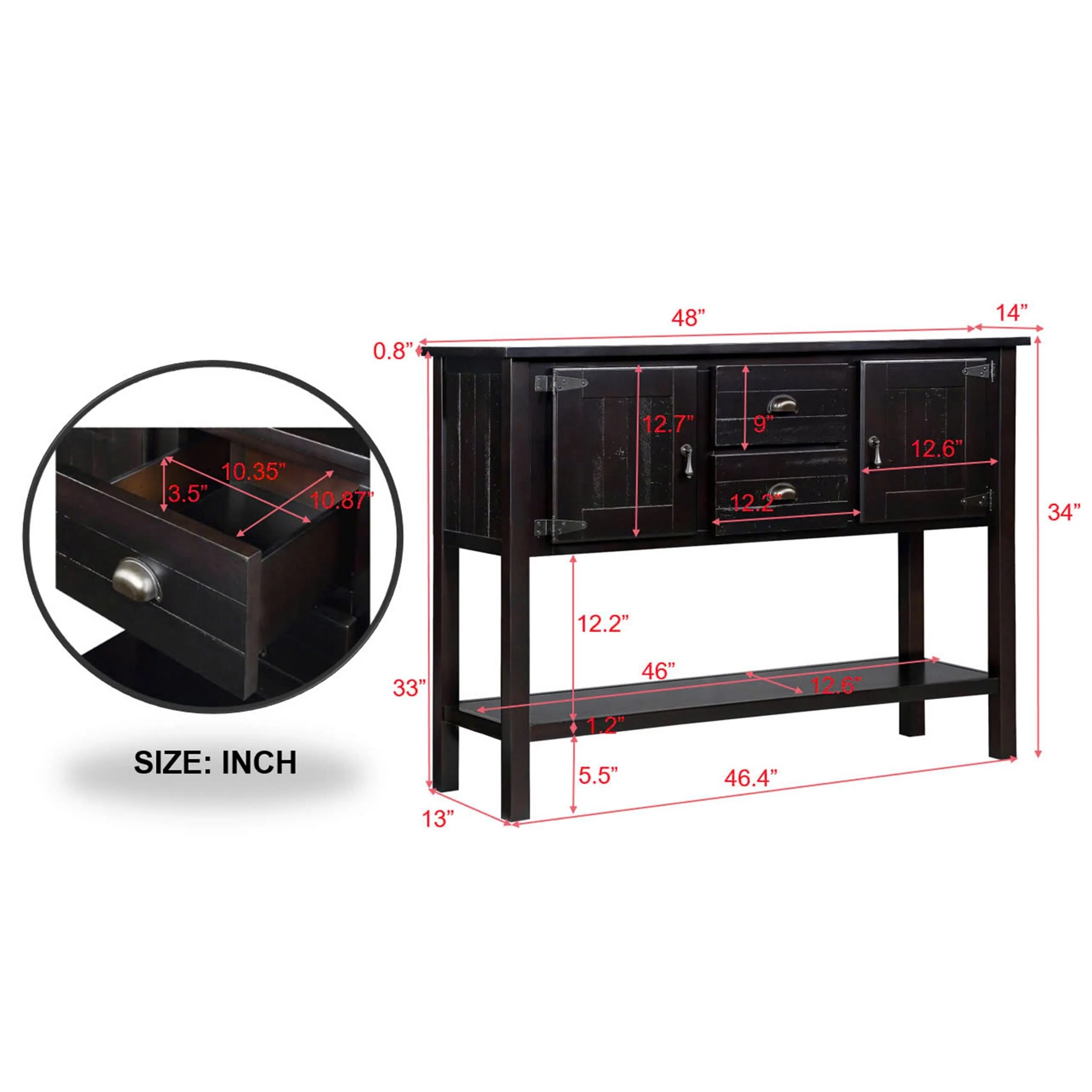 Solid Wood Sideboard Console Table with 2 Drawers and Cabinets and Bottom Shelf, Storage Dining Buffet Server Cabinet