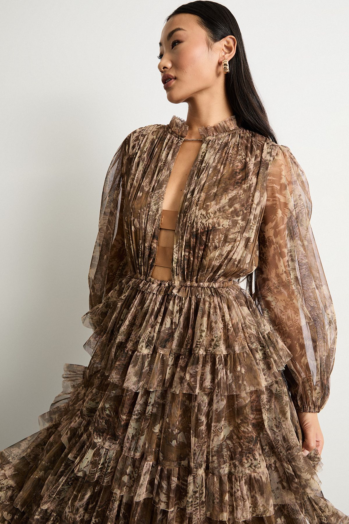 Warehouse Petite Ruffle Neck Tulle Maxi Dress