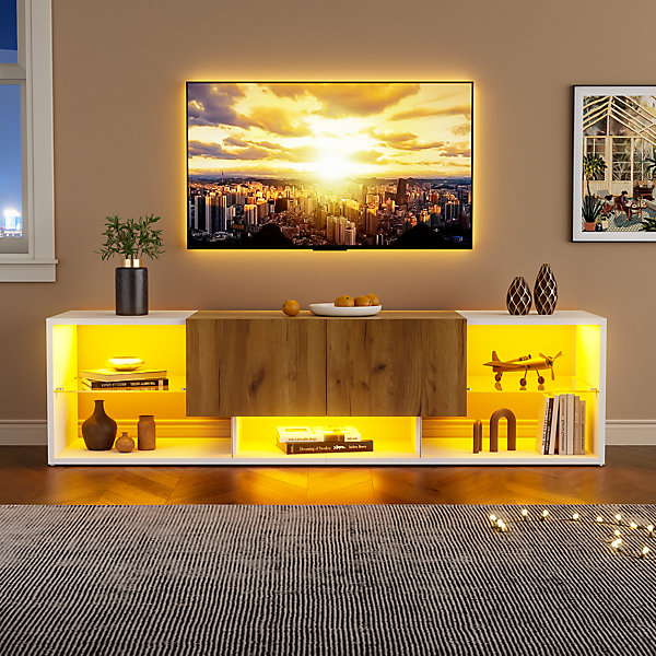 Meuble TV Moderne 3 Niveaux avec 2 Tiroirs, LED, Plateaux Verre, MDF, Blanc et Bois Naturel - 160x40x42 cm