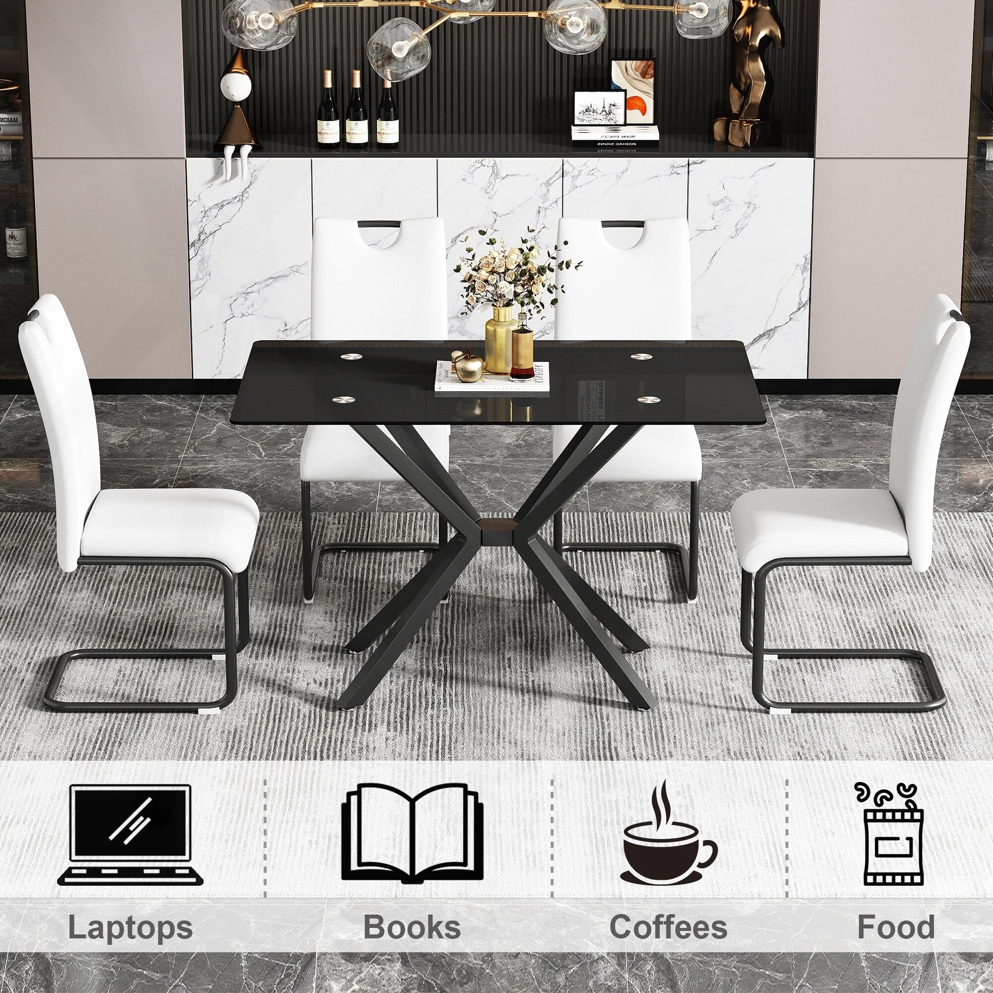 Stylish Rectangular Tempered Glass Dining Table with Sturdy Metal Legs for Dining Room