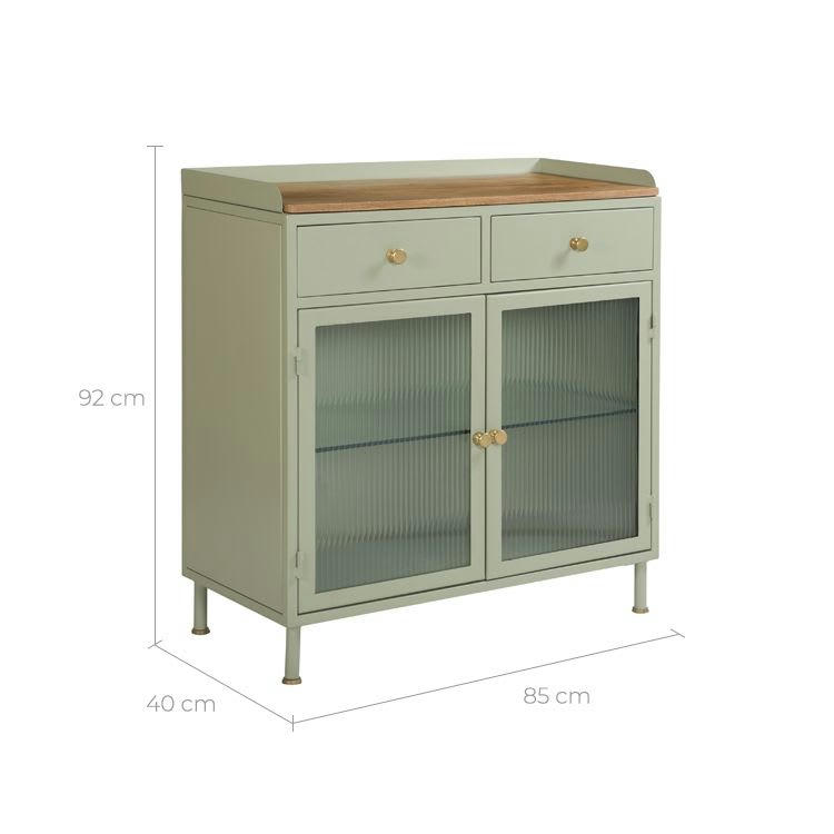 MARNIE - Buffet 2 porte 2 tiroirs en métal vert, manguier et verre