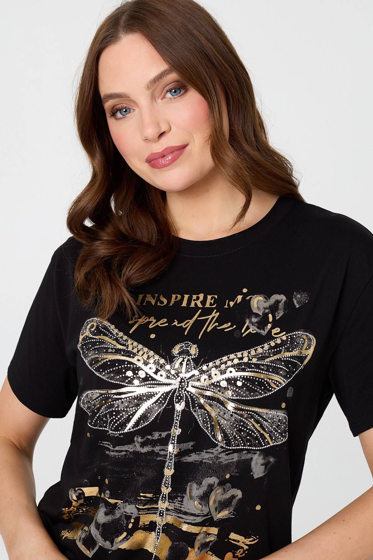 Izabel London Graphic Print Metallic Detail T-Shirt