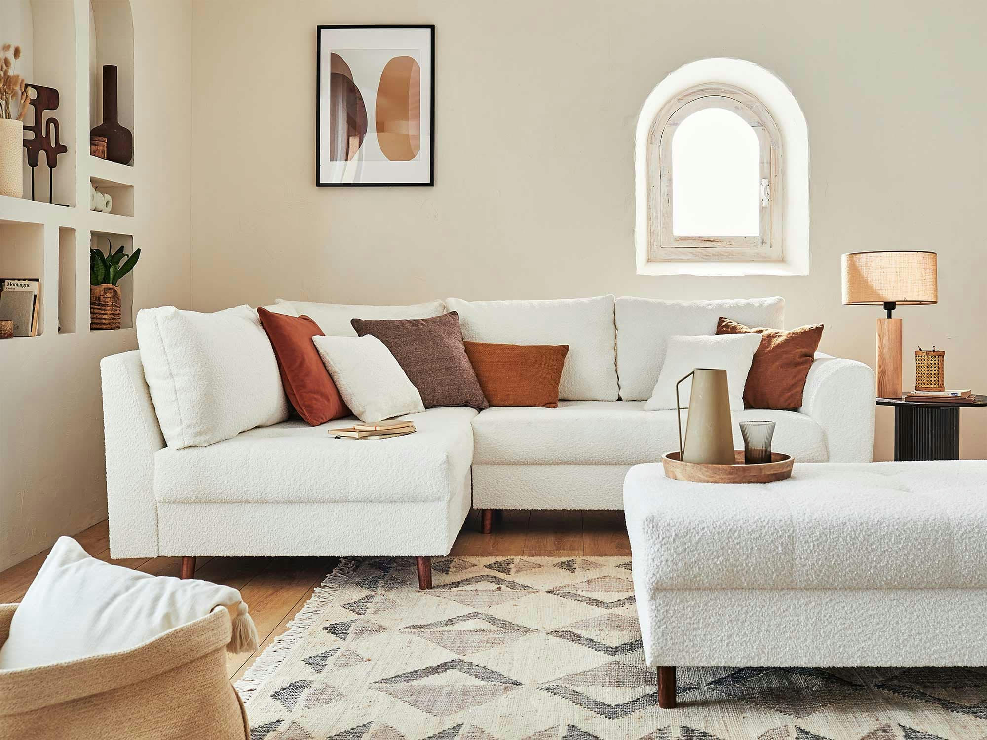 RUNE - Canapé d'angle gauche convertible 4 places en tissu bouclette blanc