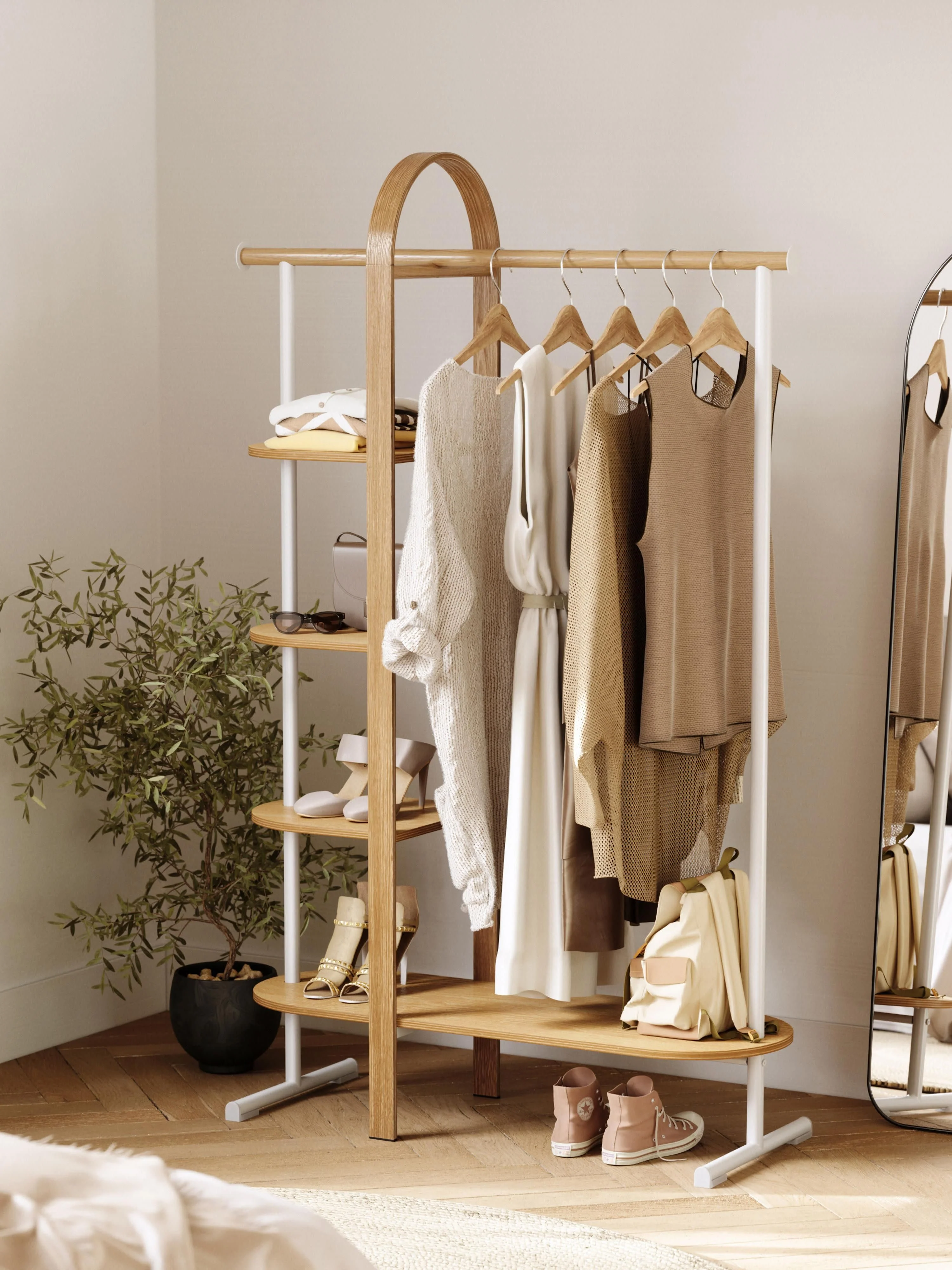 Garderobe Bellwood aus Eukalyptusholz mit Ablageflächen