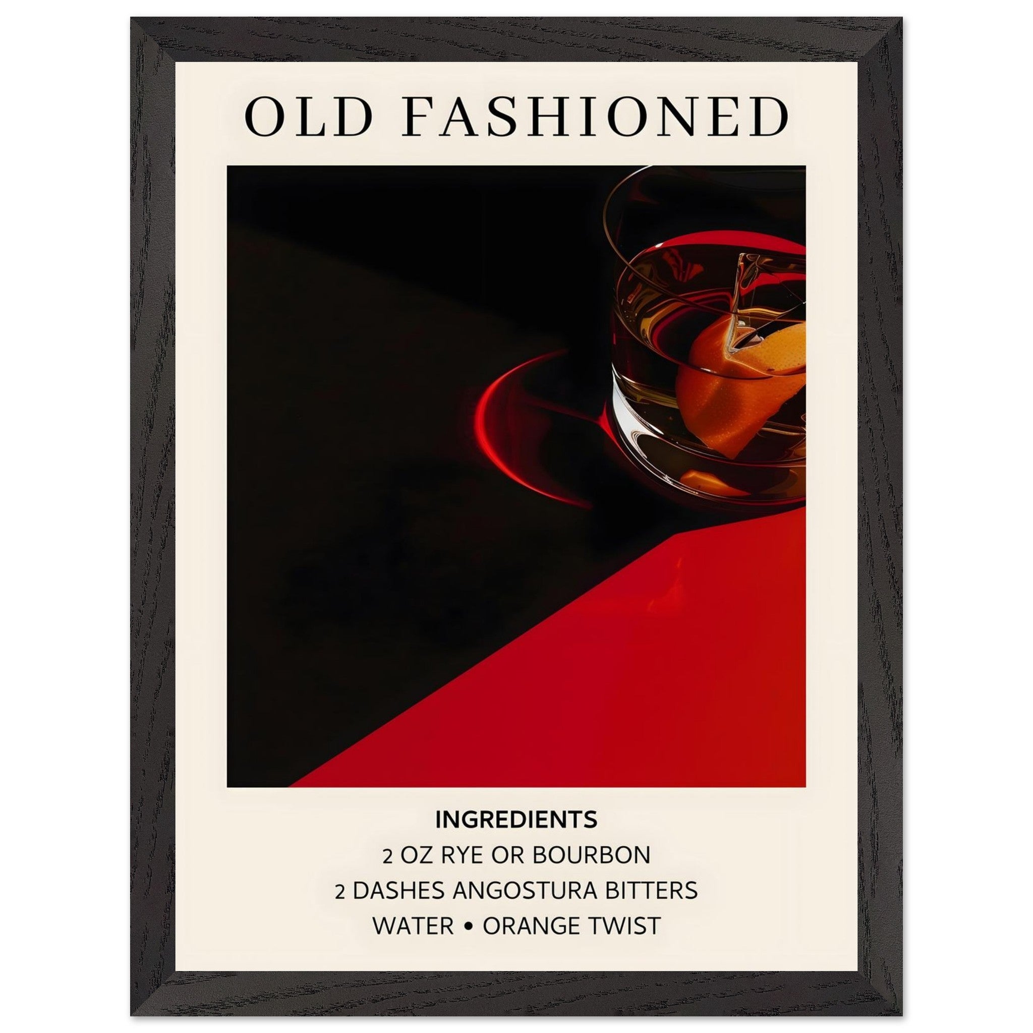 Artfulprints Poster met Lijst Old Fashioned cocktail - Ingrediënten  - 30x40 cm - Zwart