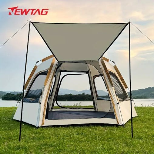 NNETM Hexagonal Fiberglass Pole Camping Tent - Silvery Glue Beige, 4-Person Capacity