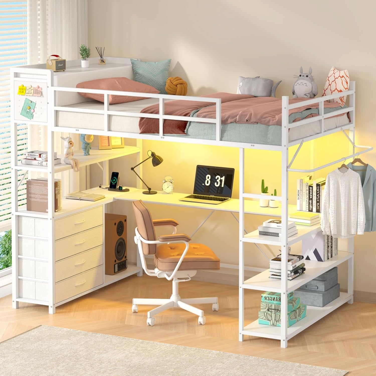 Loft Bed Twin Size with U-Shaped Desk, Metal Twin Loft Bed Frame with Storage Upholstered Headboard & LED Lights, Bunk Loft Beds with Power Outlet, Loft Beds with 4 Storage Drawers, Guard & Ladder