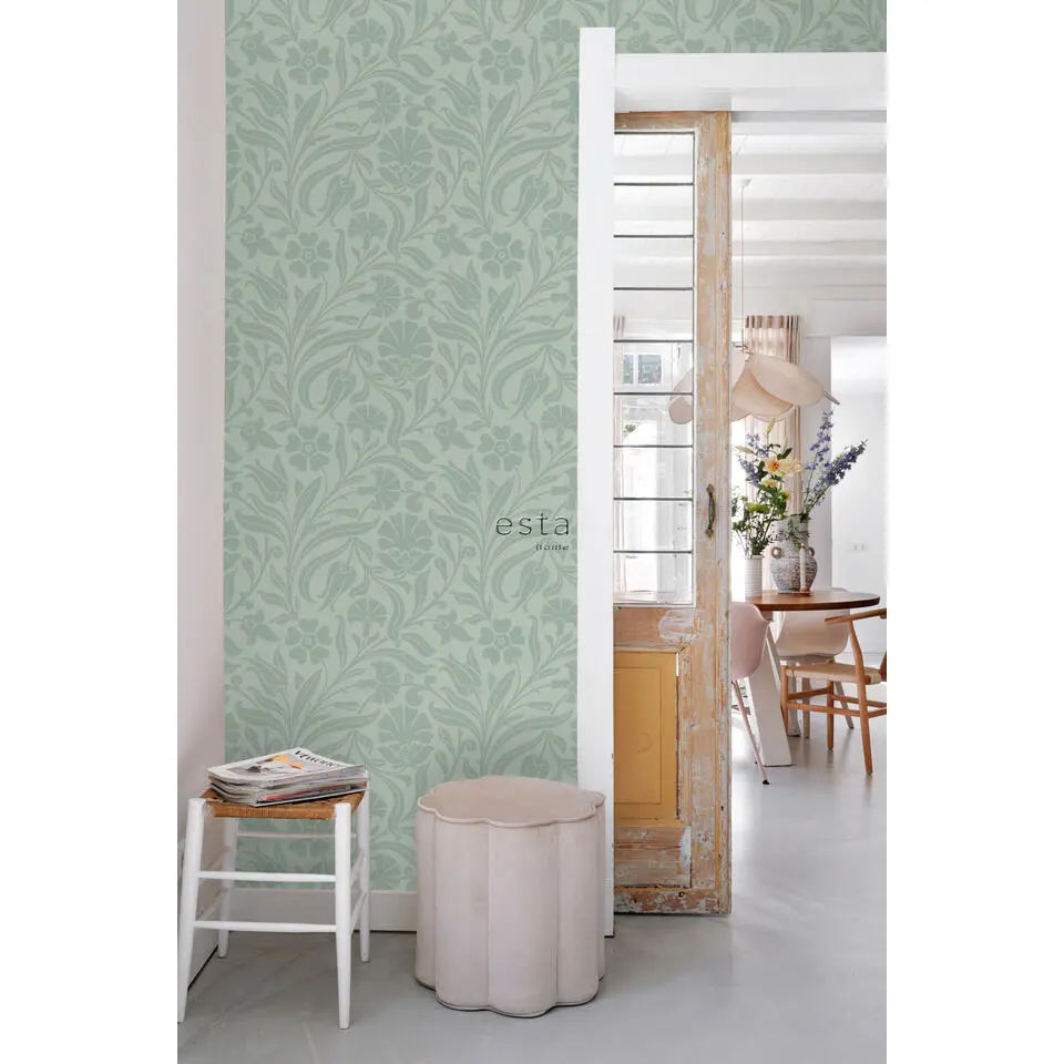 ESTAhome behang bloemen vergrijsd mintgroen - 50 x 900 cm