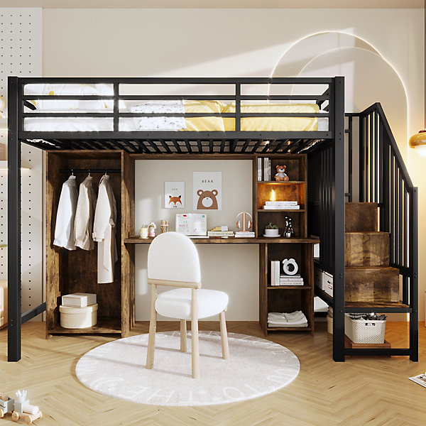 Lit Mezzanine 90x200 cm - avec Bureau, Escalier et Armoire Intégrée - sans Matelas - Métal - Noir
