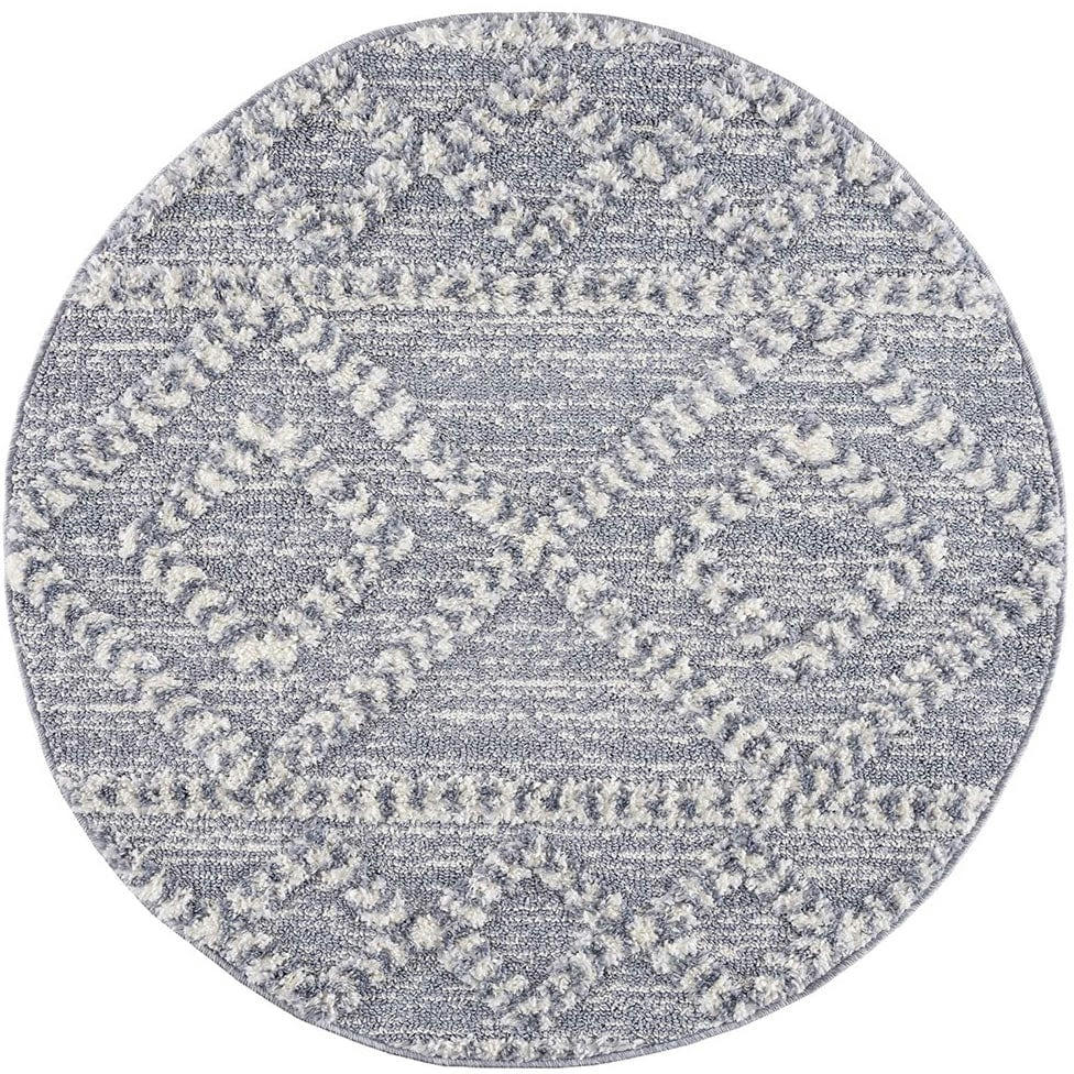 BÖHMEN - Tapis rond à poils longs et relief gris 120x120cm