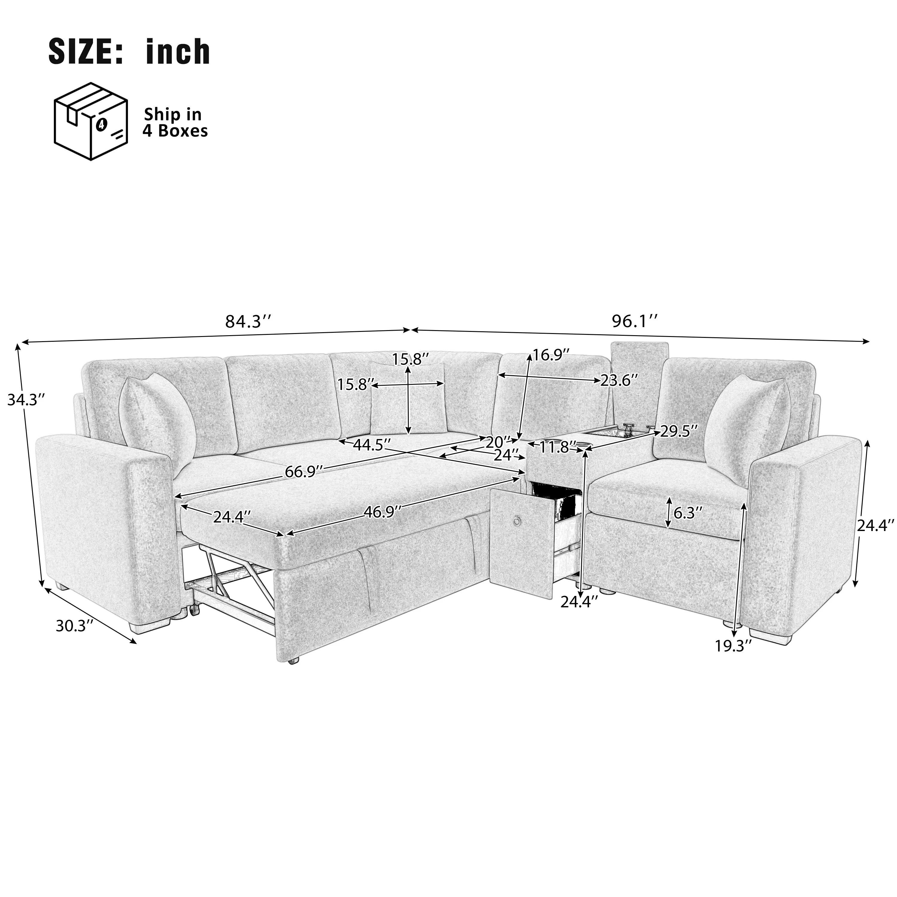 L-shaped Convertible Sofa Bed Modular Sectional Sofa Reversible Sleeper with Pull-Out Bed,and Ample Storage Space