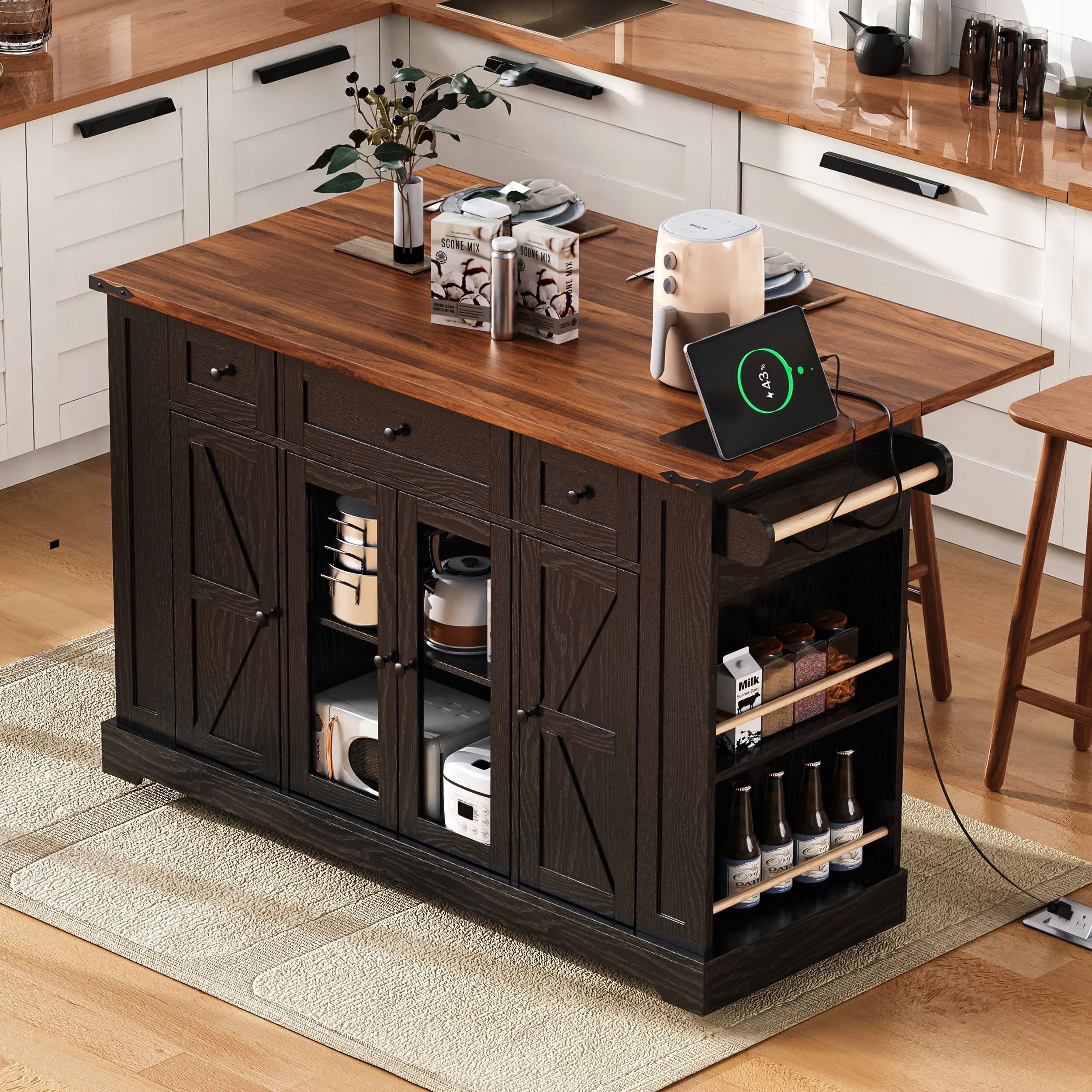 53'' Farmhouse Kitchen Island With Two Tempered Glass Cabinet Doors(no include stool)