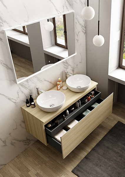 Meuble vasque suspendu effet chêne l.120 cm   plan de toilette effet chêne pour 2 vasques, Pura