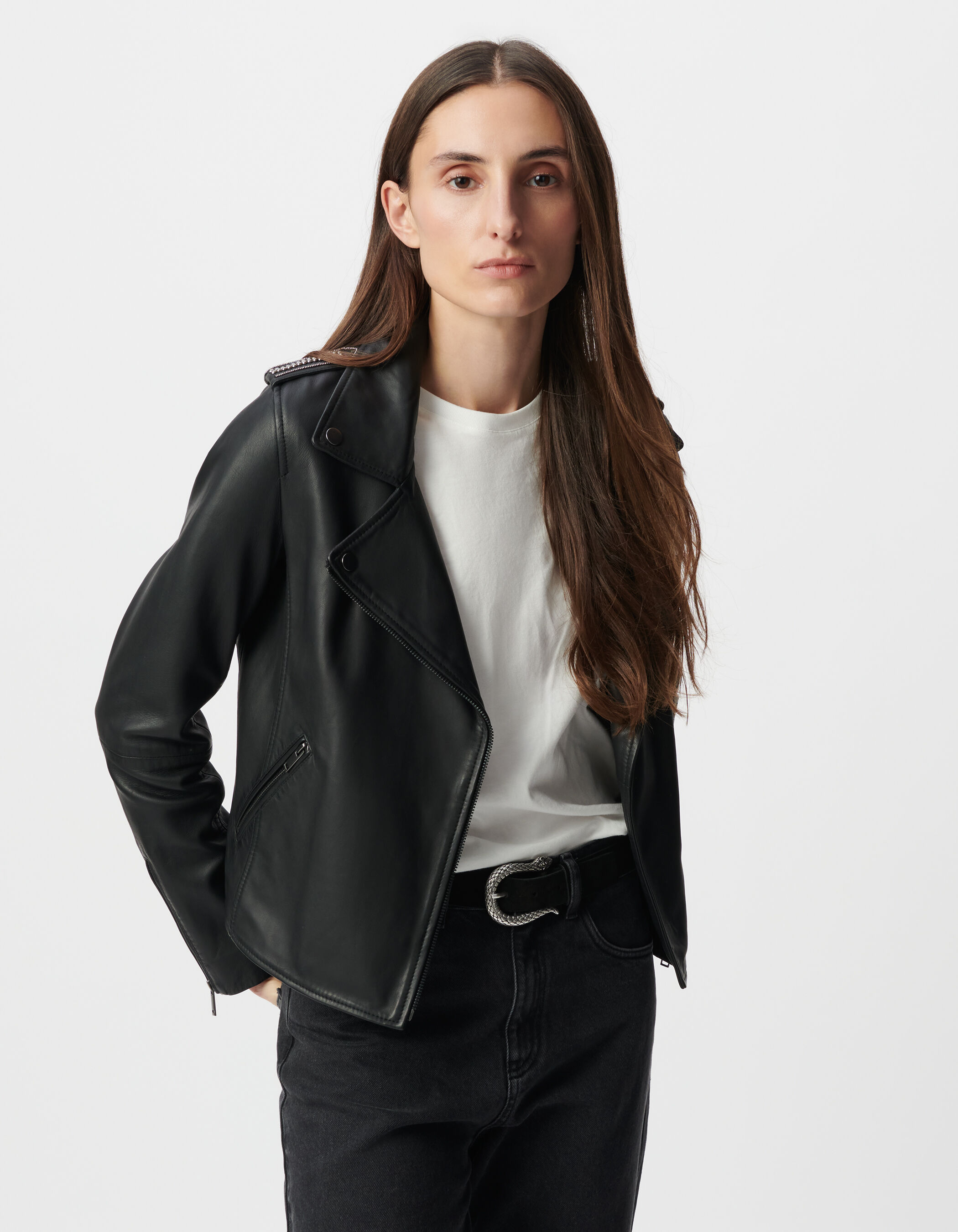 Blouson noir cuir esprit motard capuche amovible Femme