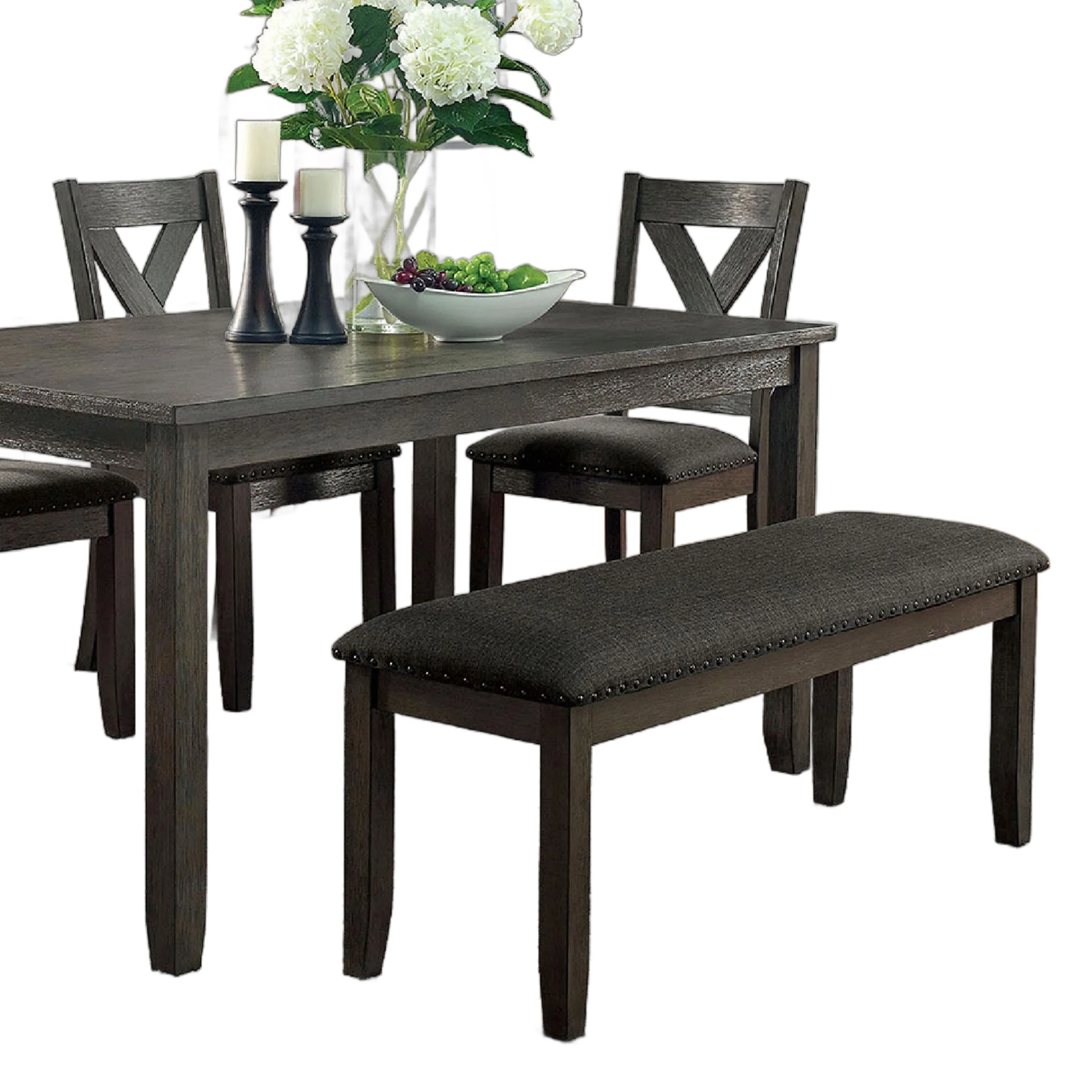 Garie 6pc Dining Table Set with Bench, 4 X-Cross Back Chair, Gray Wood