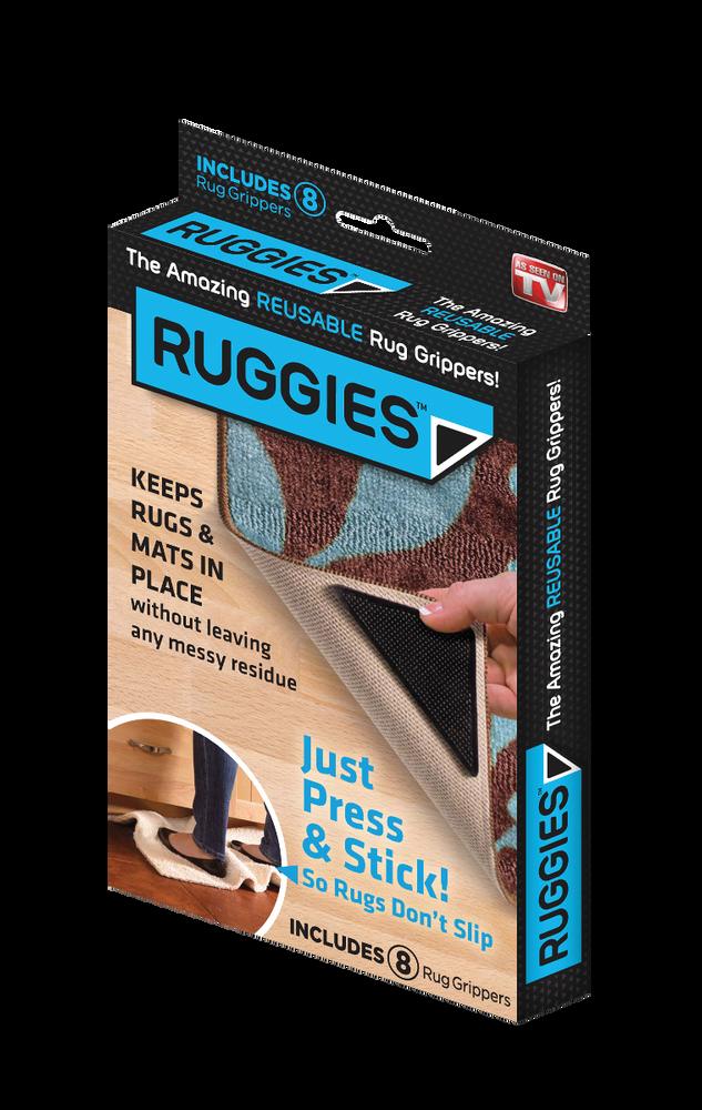 Ruggies Reusable Stick & Press Rug Carpet Grippers, Non-Slip, Anti-Curling, Washable, 8-pk