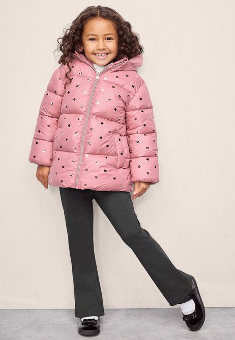 Younger Girls Pink Heart Print Padded Coat with Hood