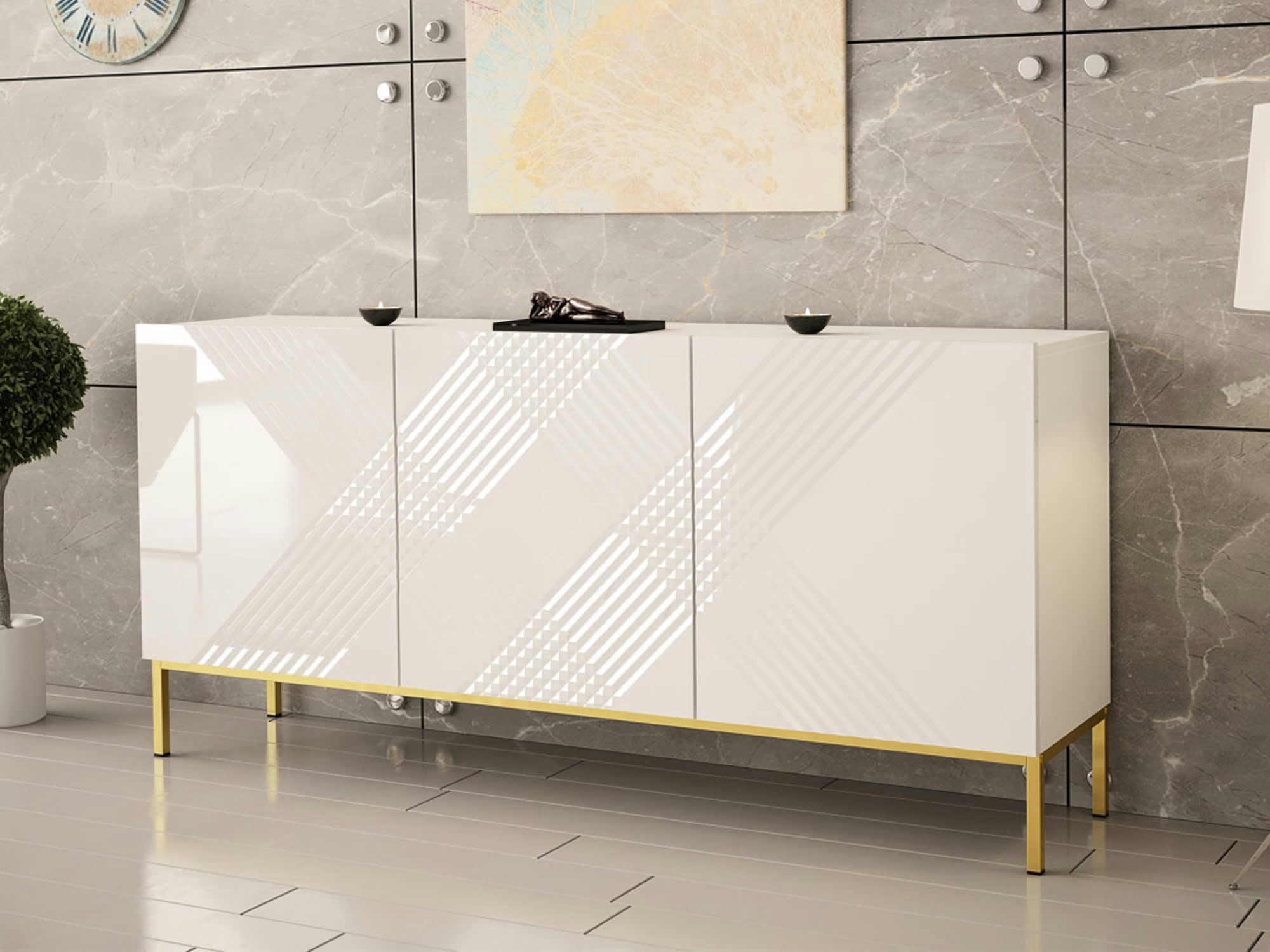 CELESTE - Buffet bas contemporain 160 cm blanc / doré