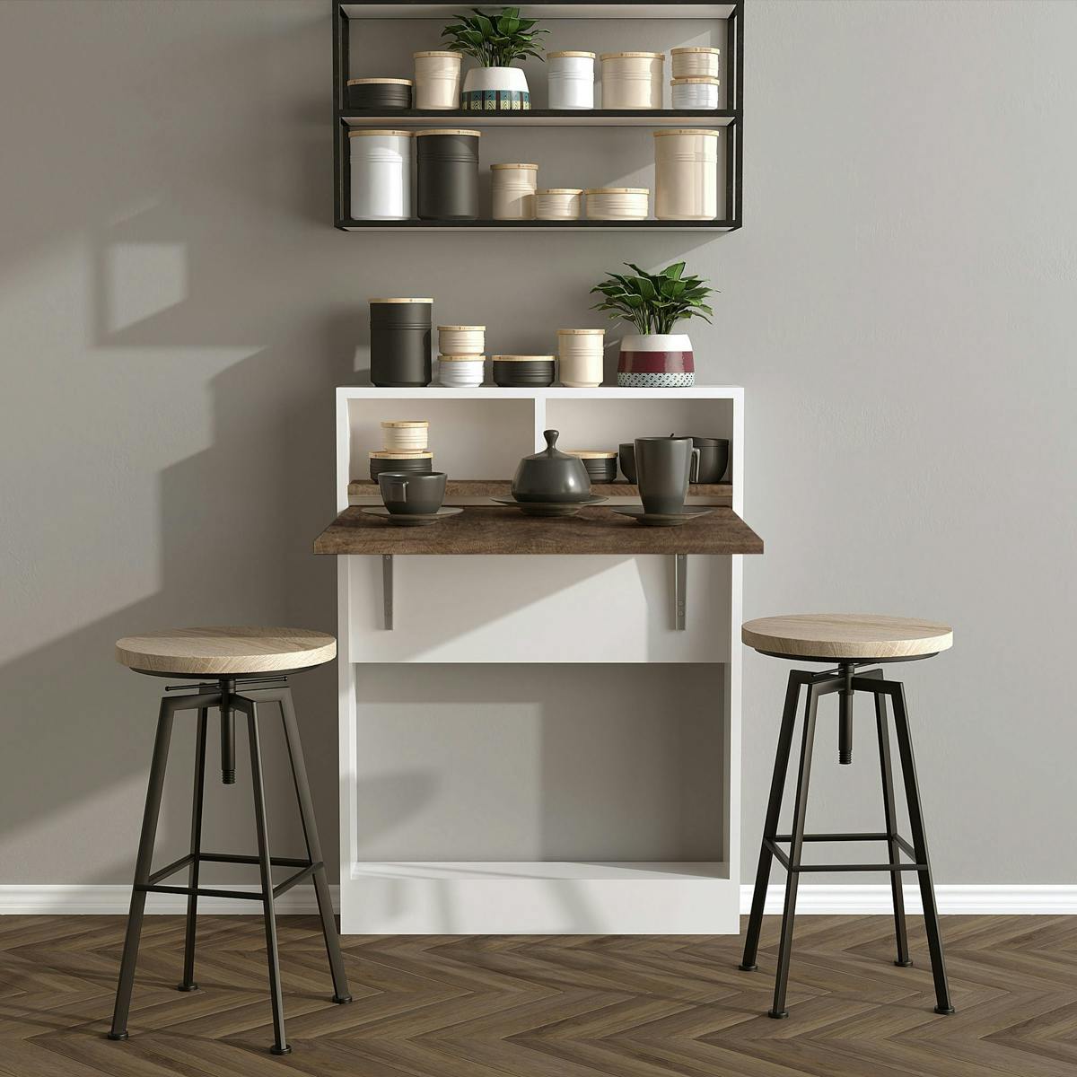 Table murale pliante effet bois foncé avec niches MARFA