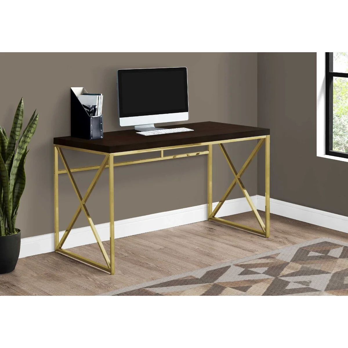 Espresso Wood Writing Desk with Gold Metal Sled Base and Matte Finish