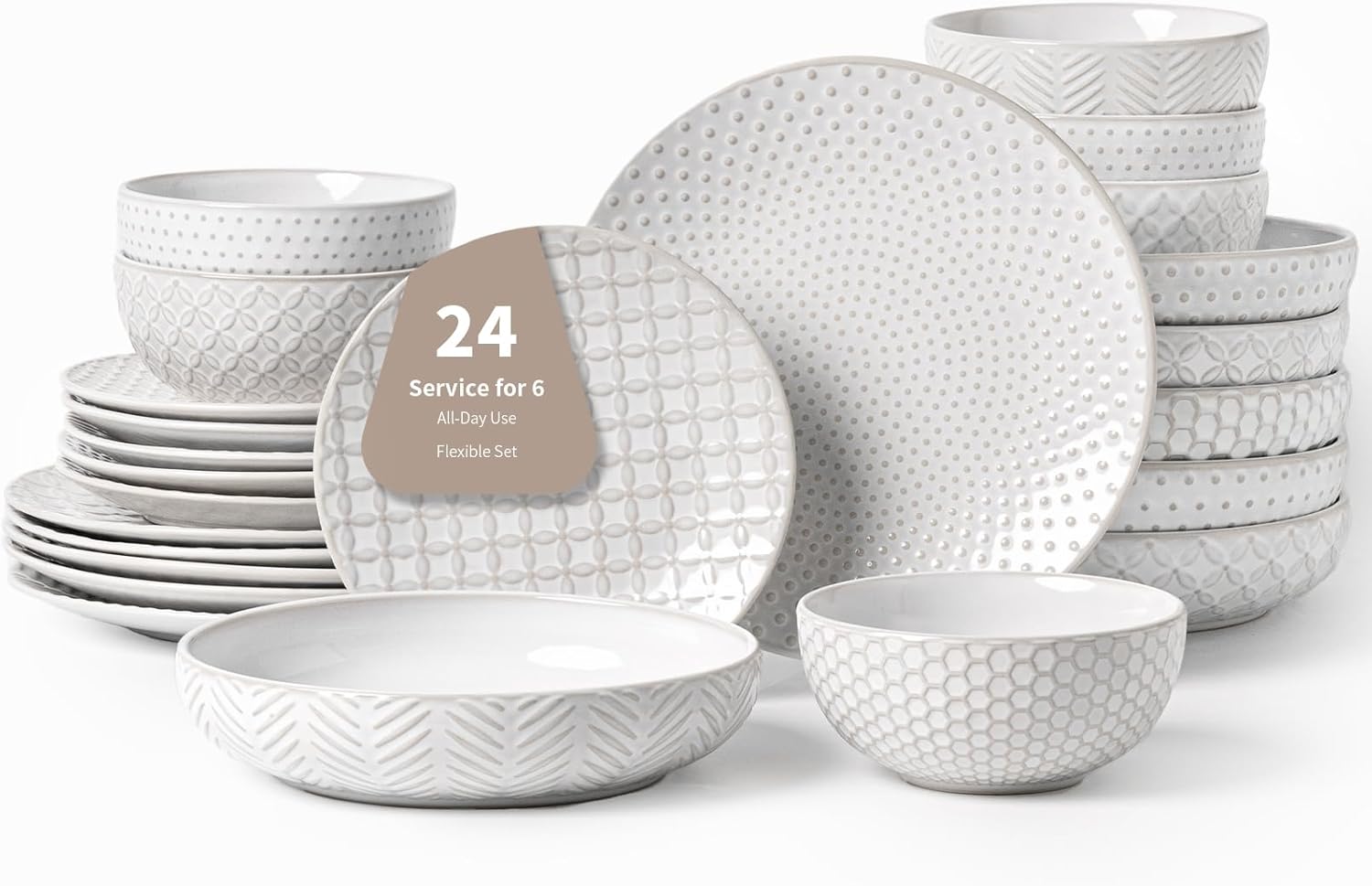 FOBENTA 24-Piece Ceramic Dinnerware Set,Large Plates and Bowls Set for 6,Elegant Dish Set for Families & Entertaining–Microwave & Dishwasher Safe Tableware (Double Bowl)