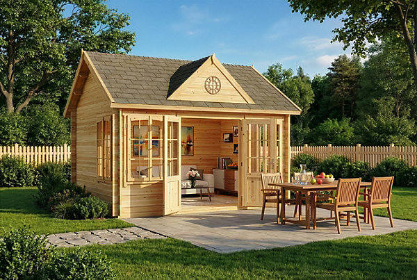Abri de jardin CLOCKHOUSE Alpholz, 44x34m dim ext (cas échéant incl débord de toit) naturel, épaisseur paroi : 28mm, 15m² totale