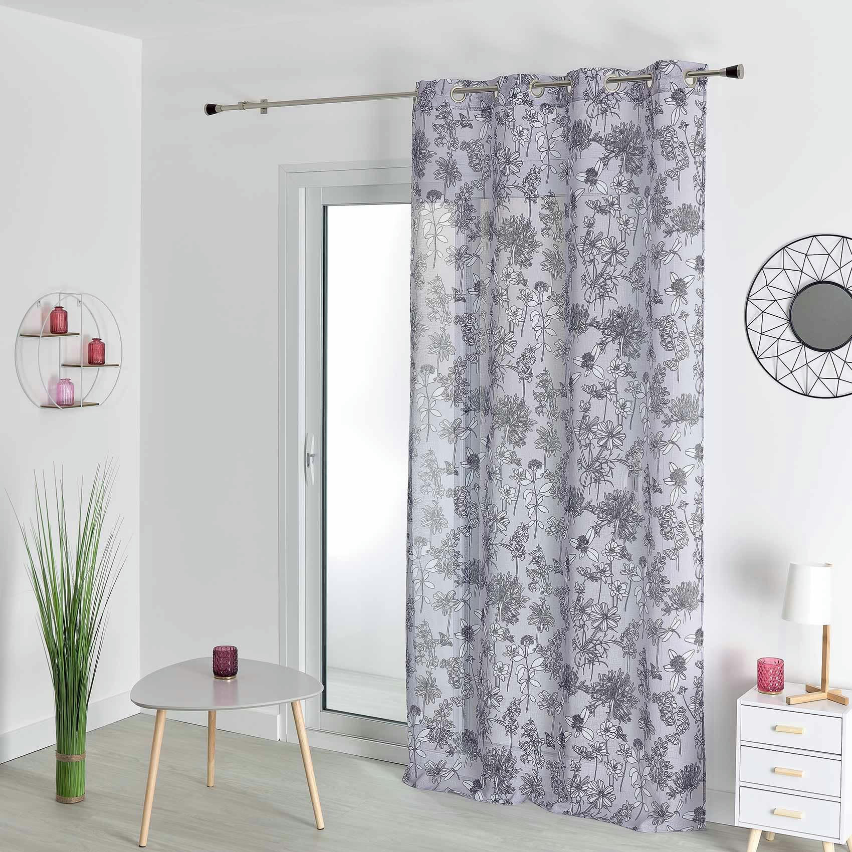- Voilage en étamine fleurie polyester gris perle 140x240 cm
