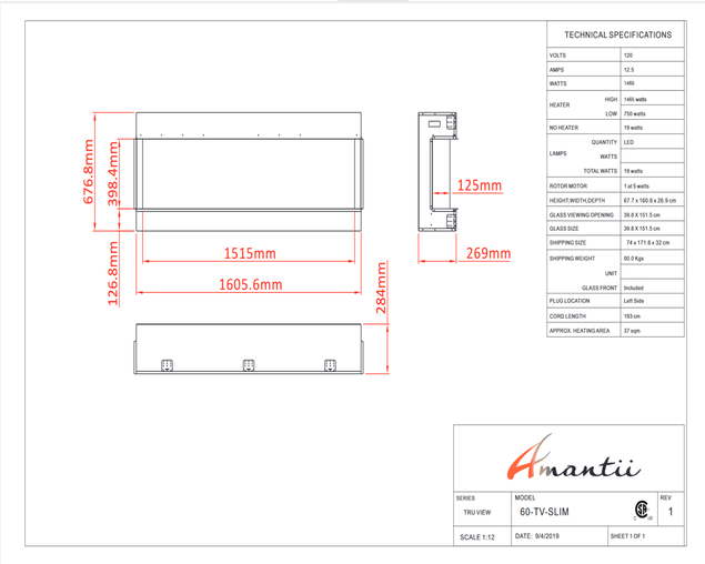Amantii Smart 60" unit &ndash; 10 5/8" in depth 3 sided glass fireplace