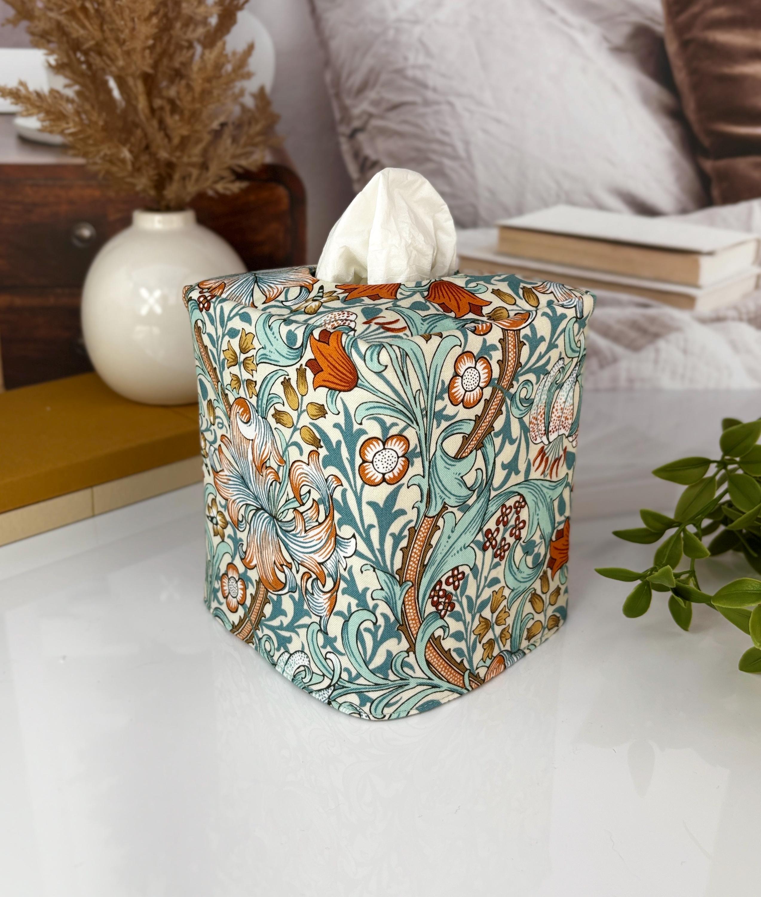 William Morris Strawberry Thief Aqua Tissue Box Cover | Reversible Fabric Floral Bird Decor | Handmade Cottage Home USA