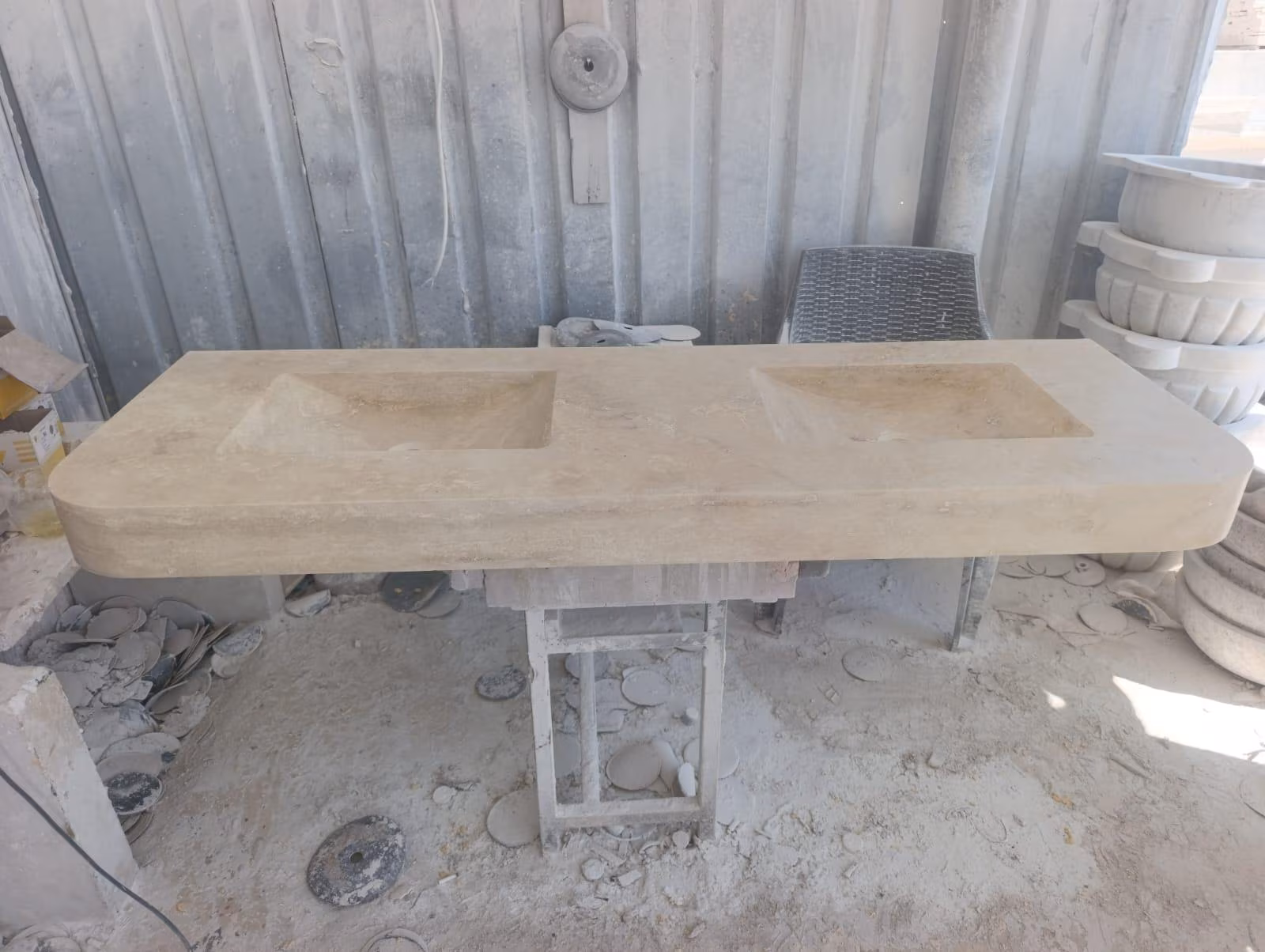 Double Travertine Vessel Sink, Handmade Natural Stone Double Vanity Basin, Luxury Two Bowl Bathroom Sink, Beige Travertine Countertop Sink