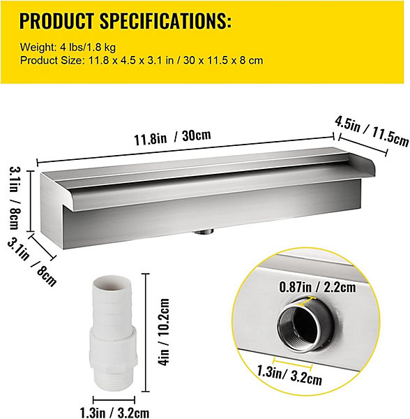 Fontaine cascade inox 304 - Bassin ou Piscine 30x11.5x8 cm, durable avec conduit eau