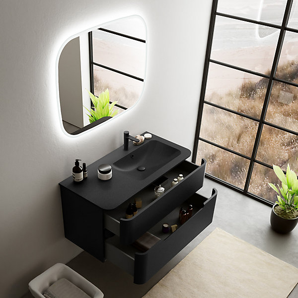 Ensemble salle de bains L. 104 cm meuble sous vasque noir mat   plan vasque à droite noir mat Alba