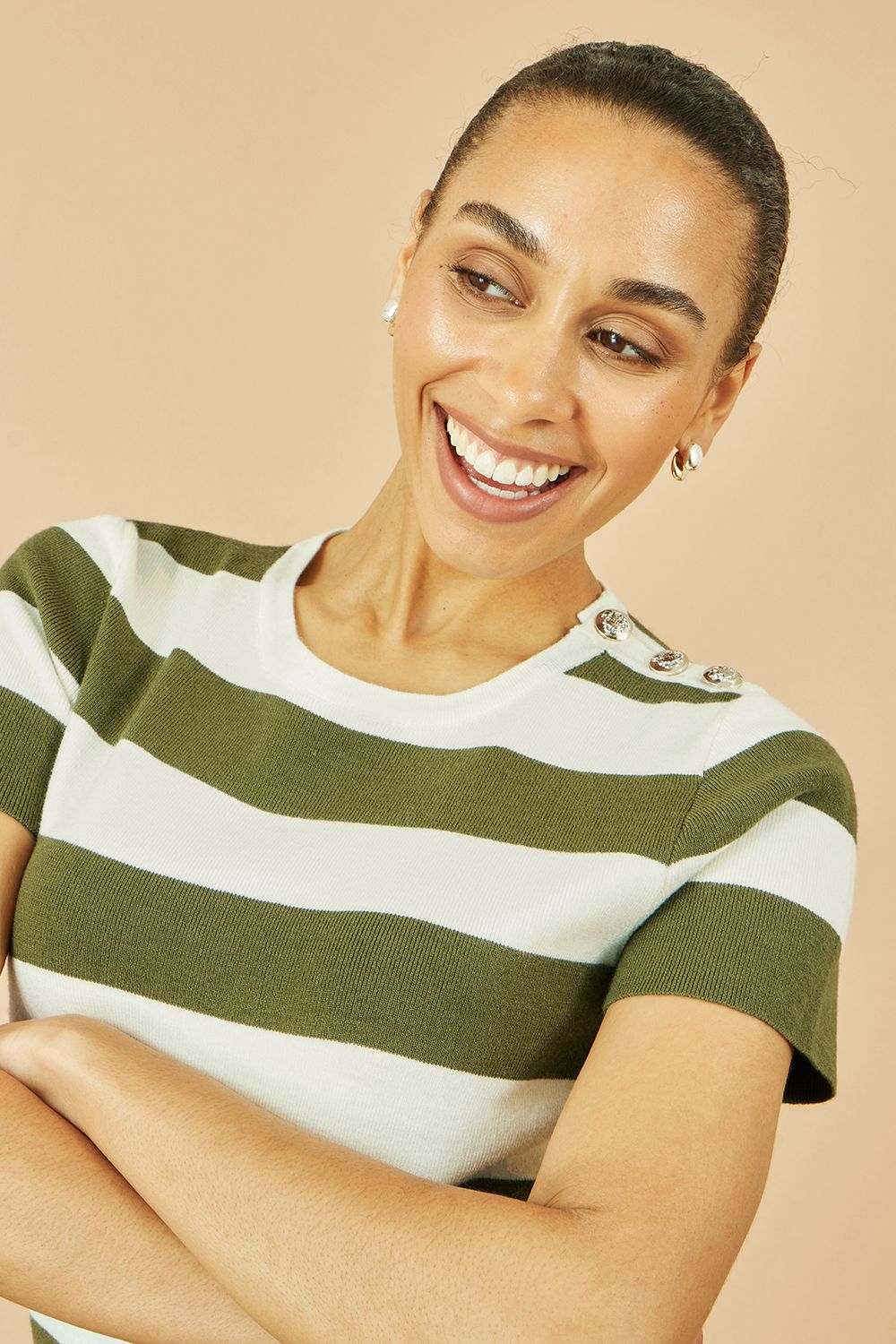 Yumi Green Block Stripe Knitted Top With Button Details