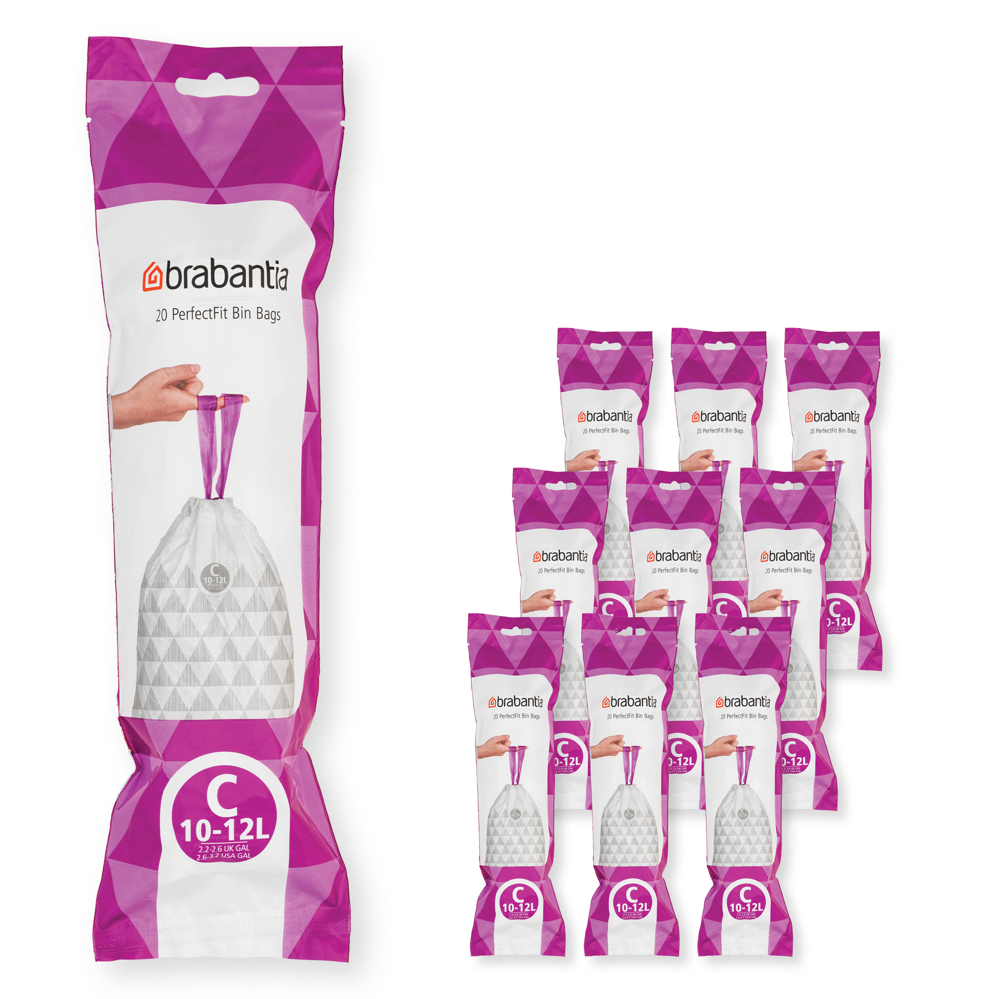 Brabantia PerfectFit Afvalzak, code C, 10-12 liter, 200 stuks, set van 10 rollen - White